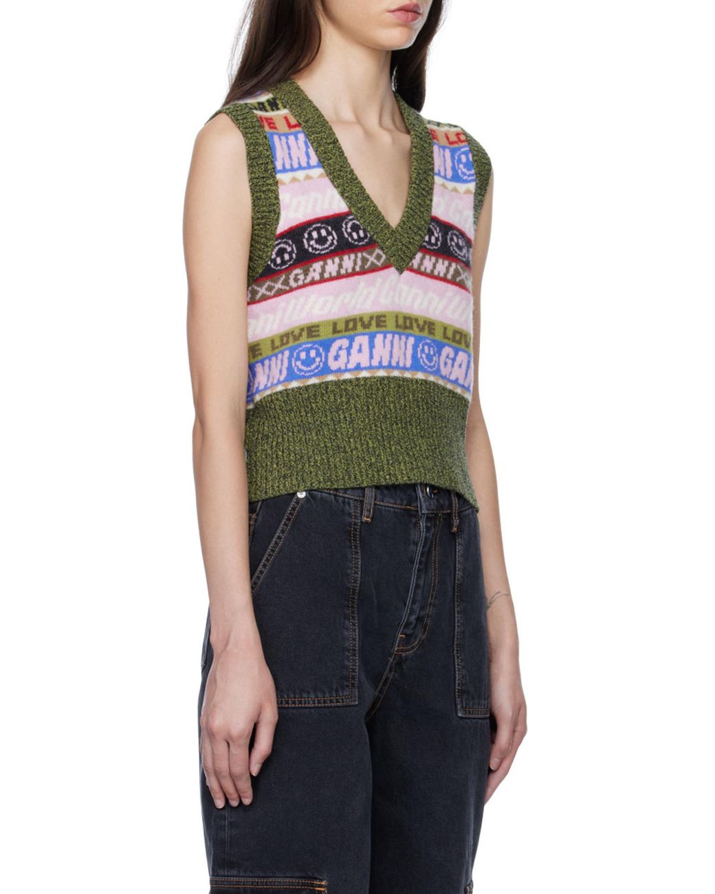 Ganni Gray Graphic V-Neck Vest