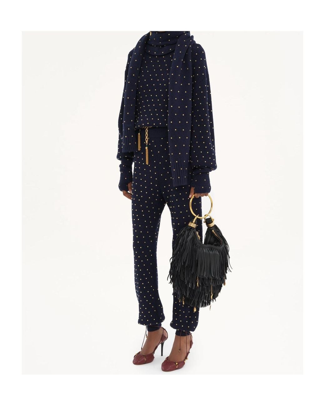 Chloé Blue Wool And Cashmere Knit Studded Crew Neck Sweater