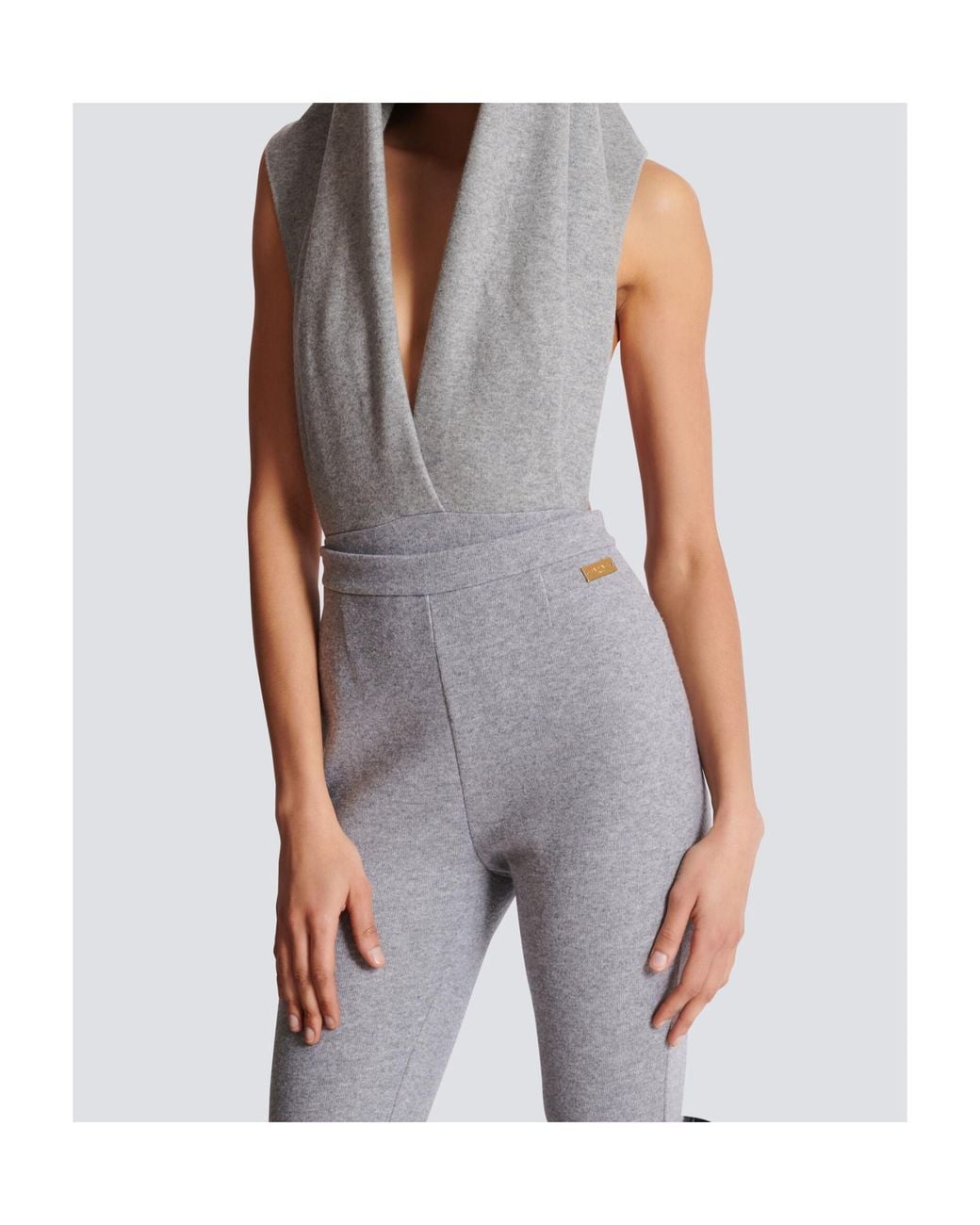 Balmain Gray Draped Bodysuit With Hood