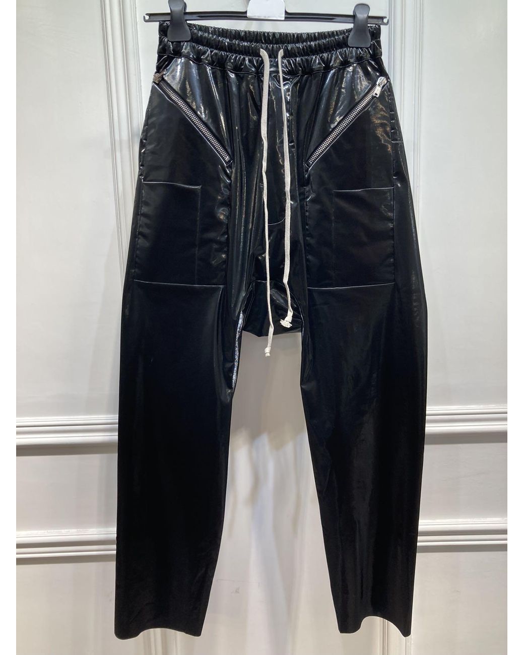 Rick Owens Black Glossy-Finish Drop-Crotch Trousers for men