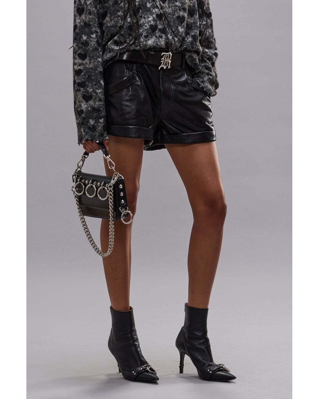 R13 Black Gathered Leather Shorts