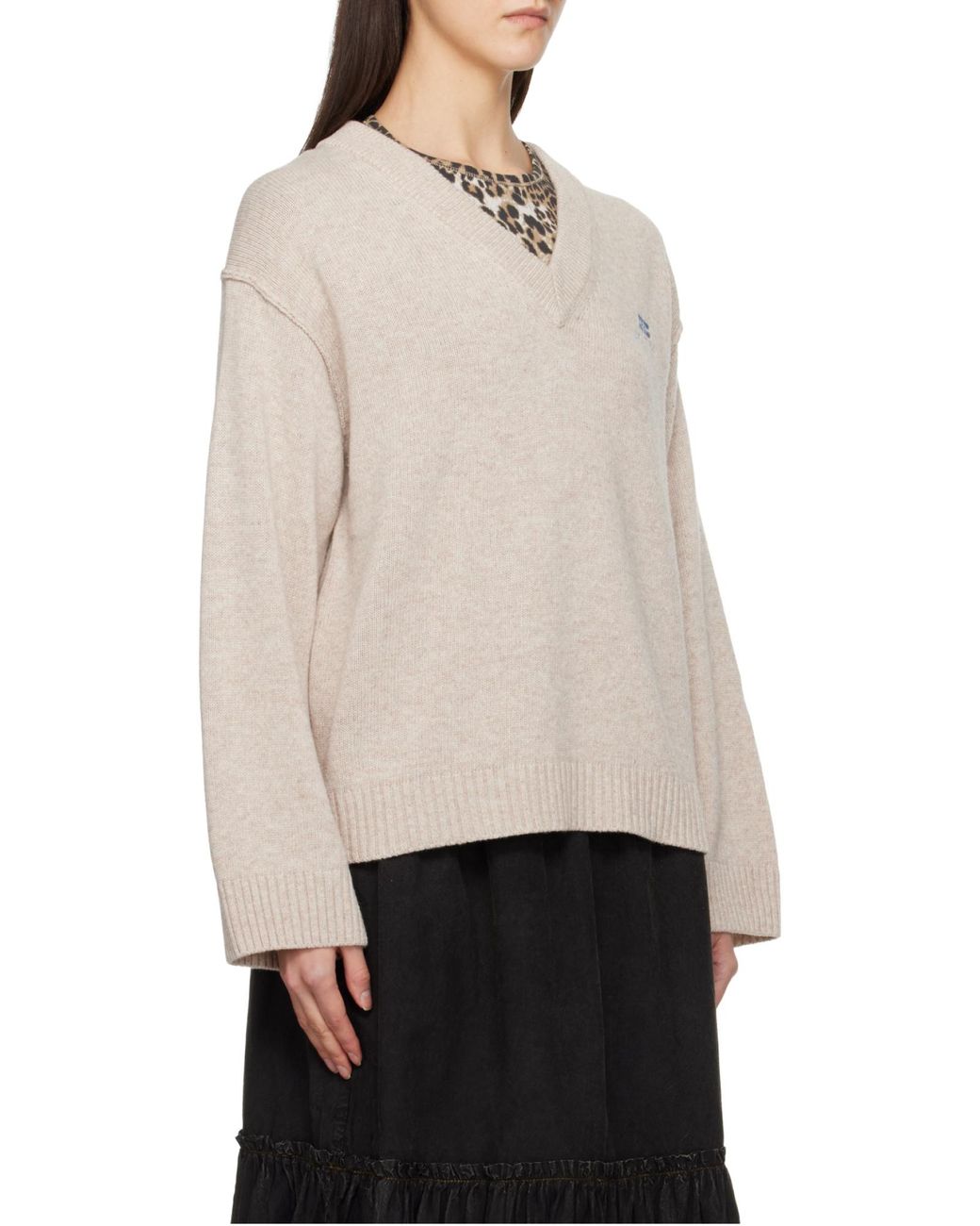 Ganni Natural Logo-Embroidered V-Neck Jumper