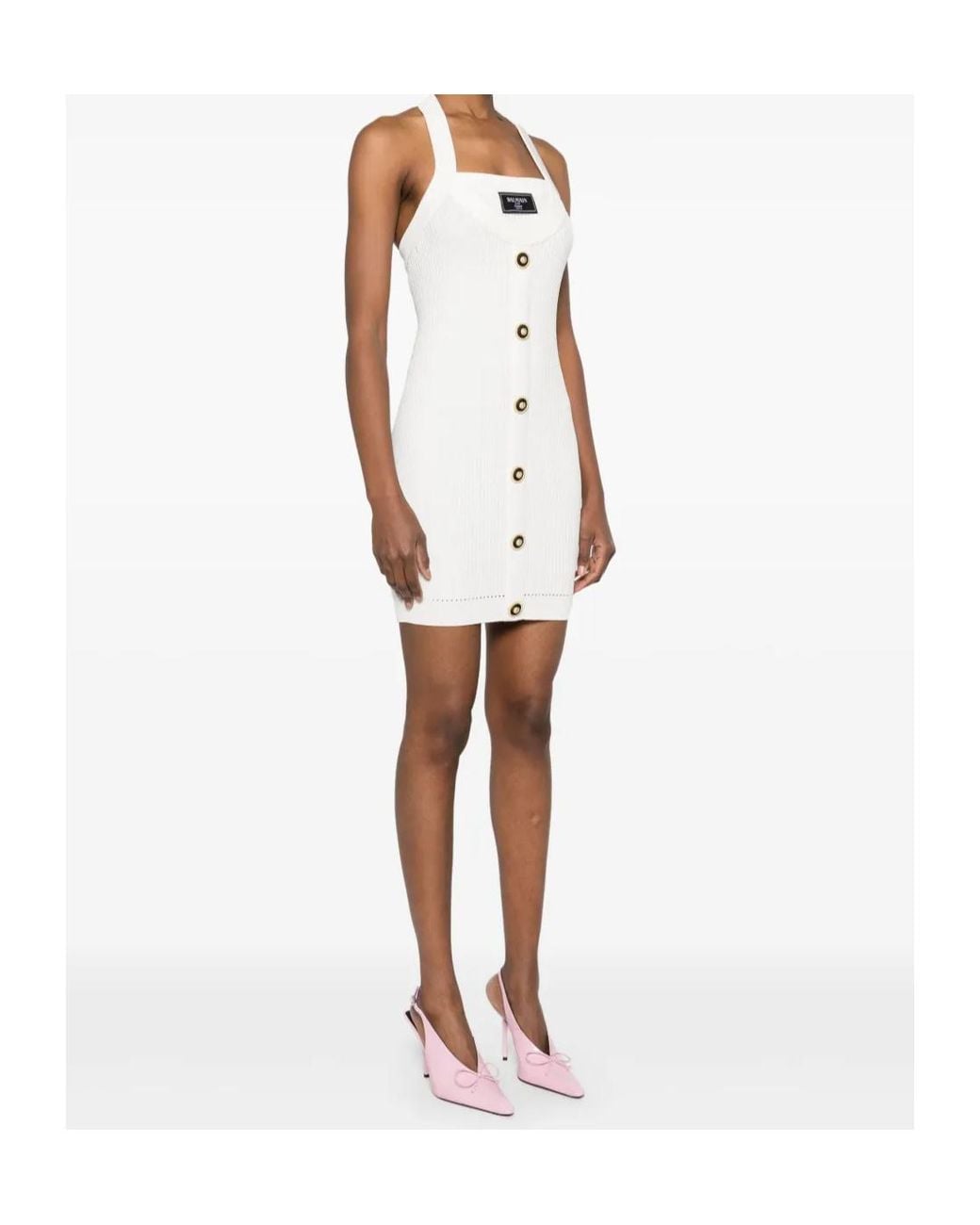 Balmain White Halterneck Ribbed Knit Mini Dress
