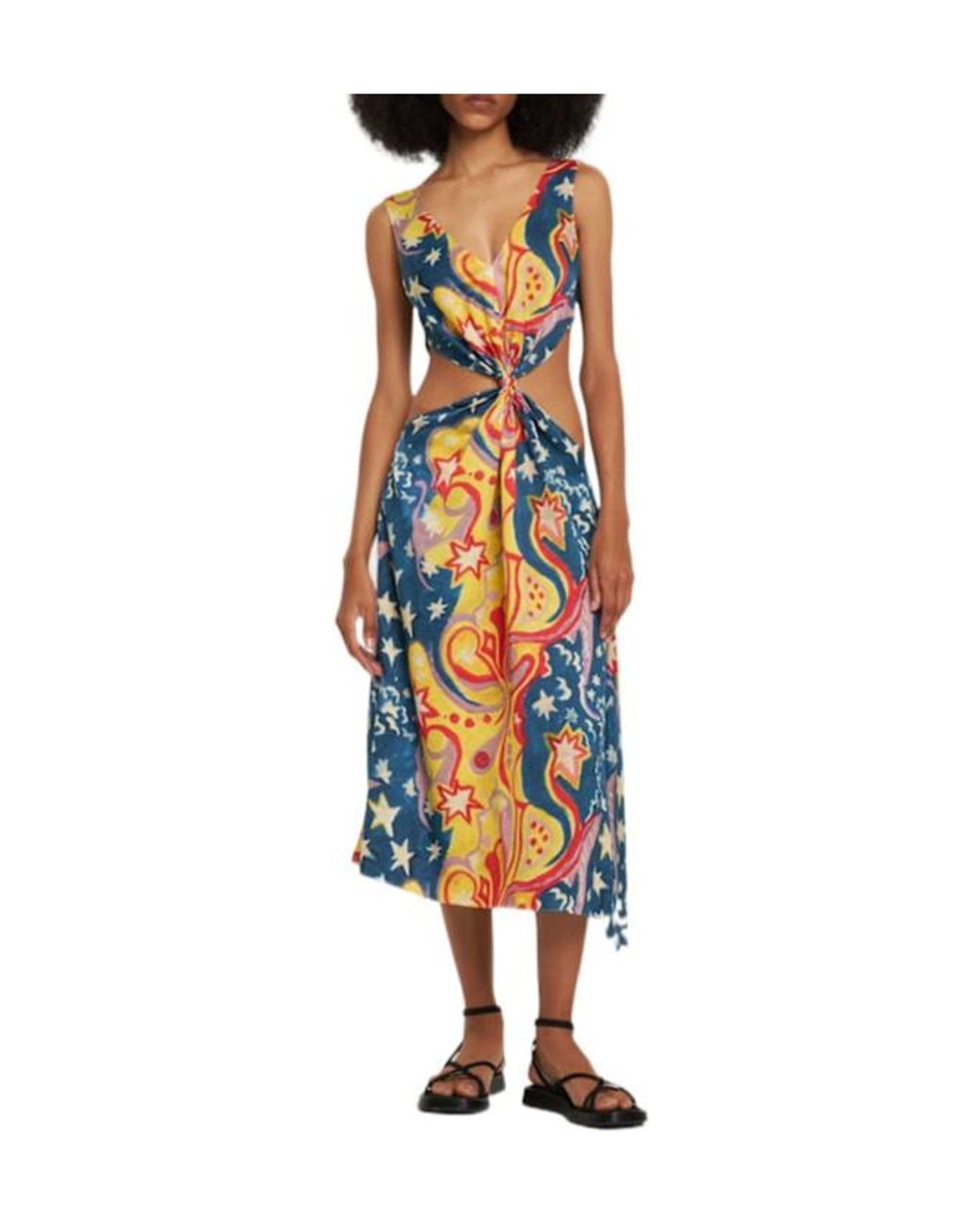 Marni Blue Printed Envers Satin Cutout Midi Dress