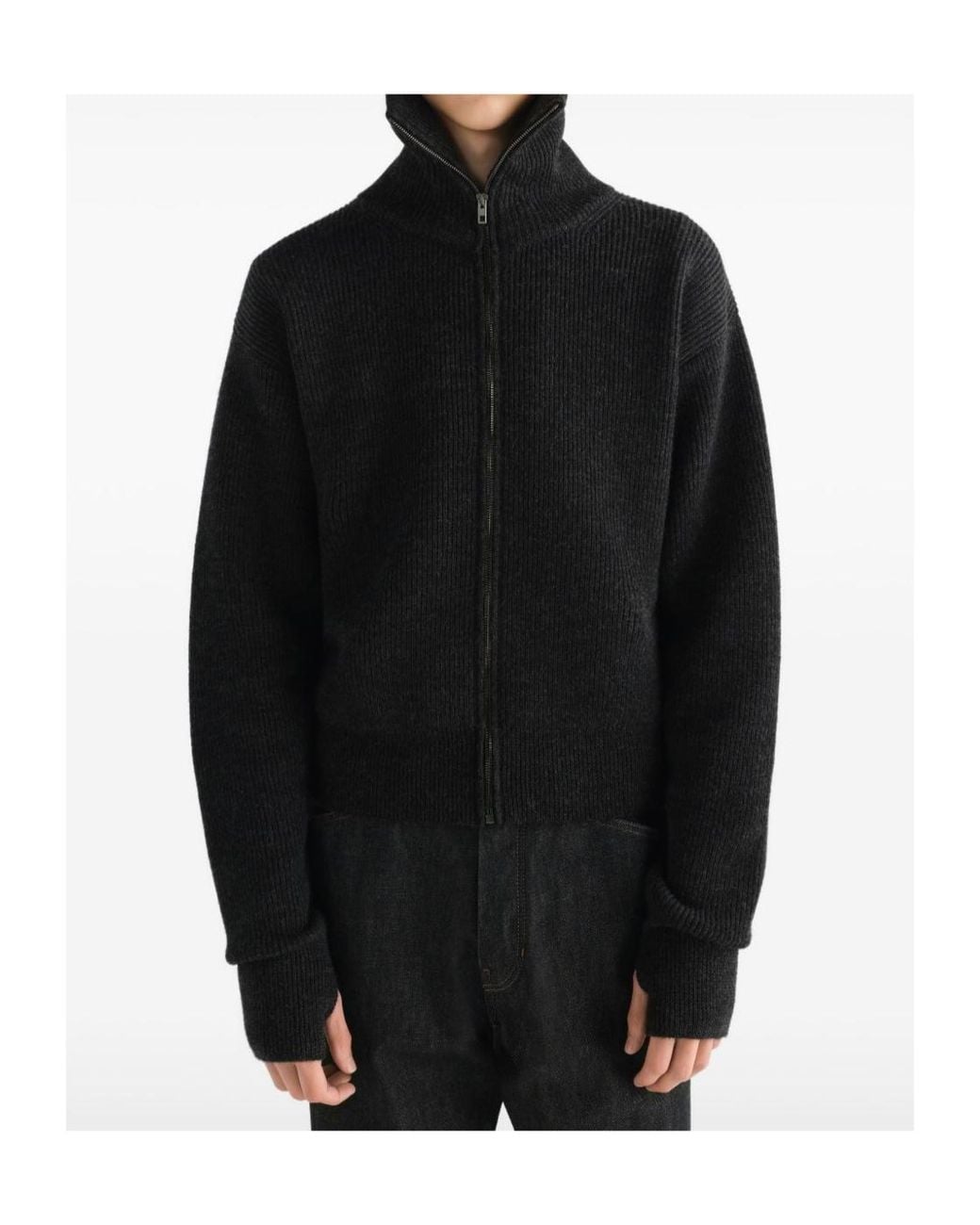 Lemaire Black Zip-Up Ribbed-Knit Cardigan for men