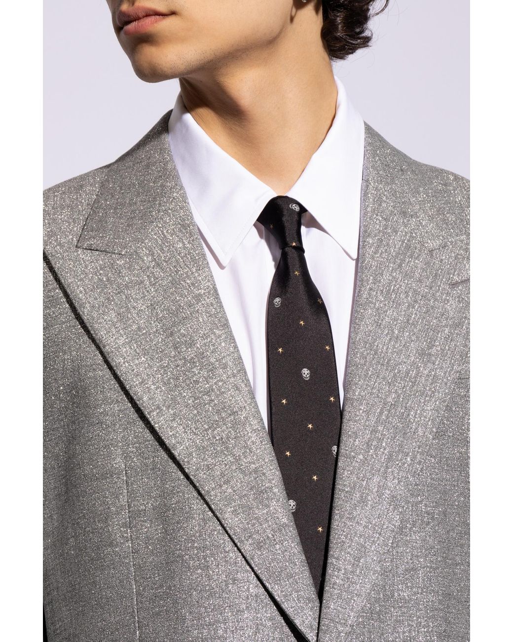 McQueen Black Star Skull Jacquard Pointed-Tip Tie for men