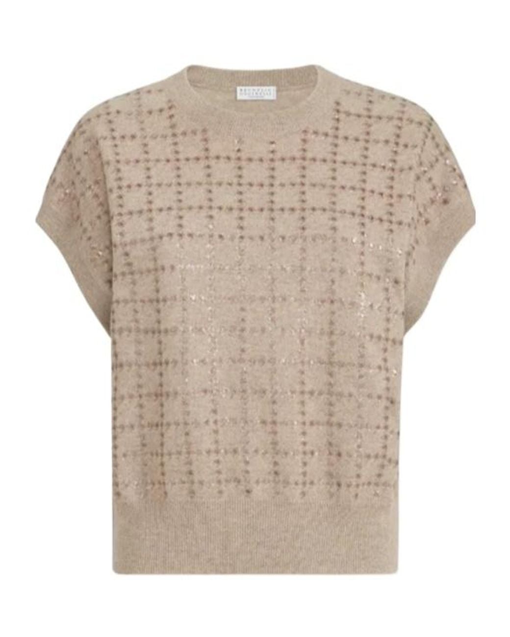 Brunello Cucinelli White Cashmere Knit T-Shirt With Dazzling Windowpane Embroidery