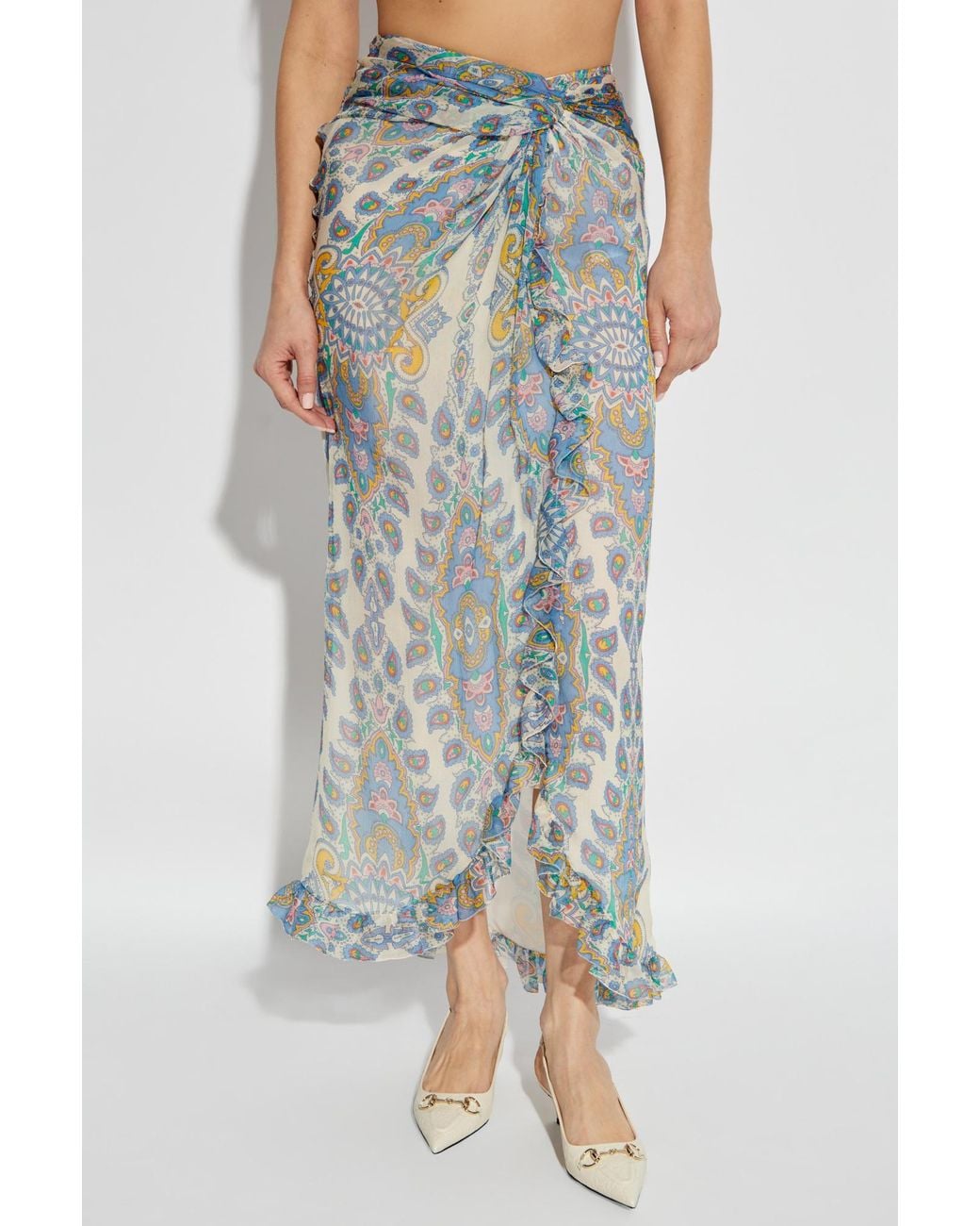 Etro Blue Ruffled Hem Printed Midi Skirt