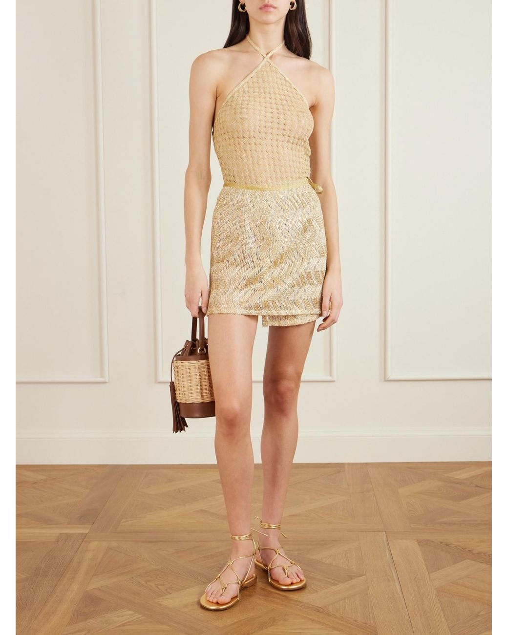 Missoni Natural Sequin-Embellished Metallic Crochet-Knit Mini Wrap Skirt