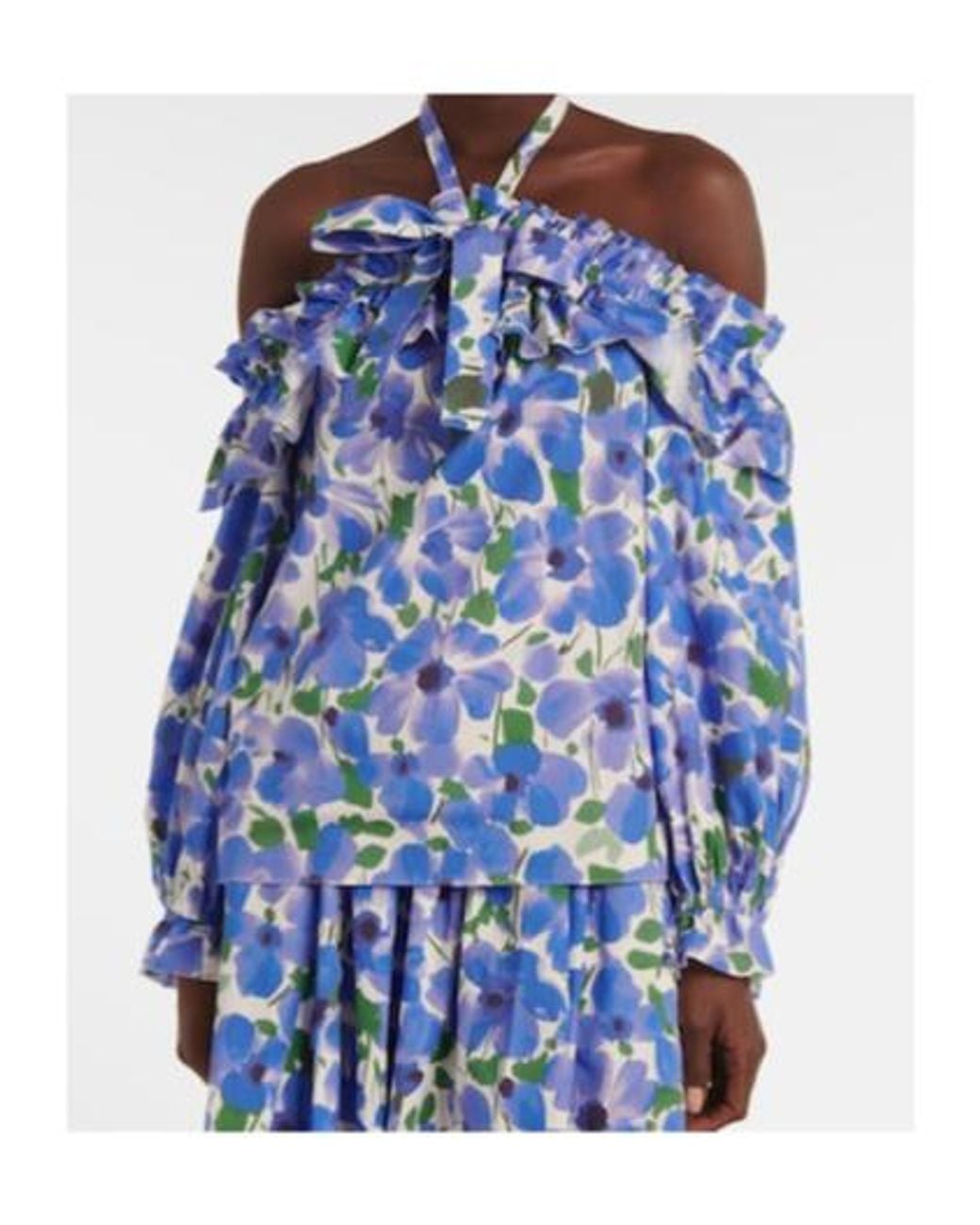 Carolina Herrera Blue Floral Off-Shoulder Cotton-Blend Top