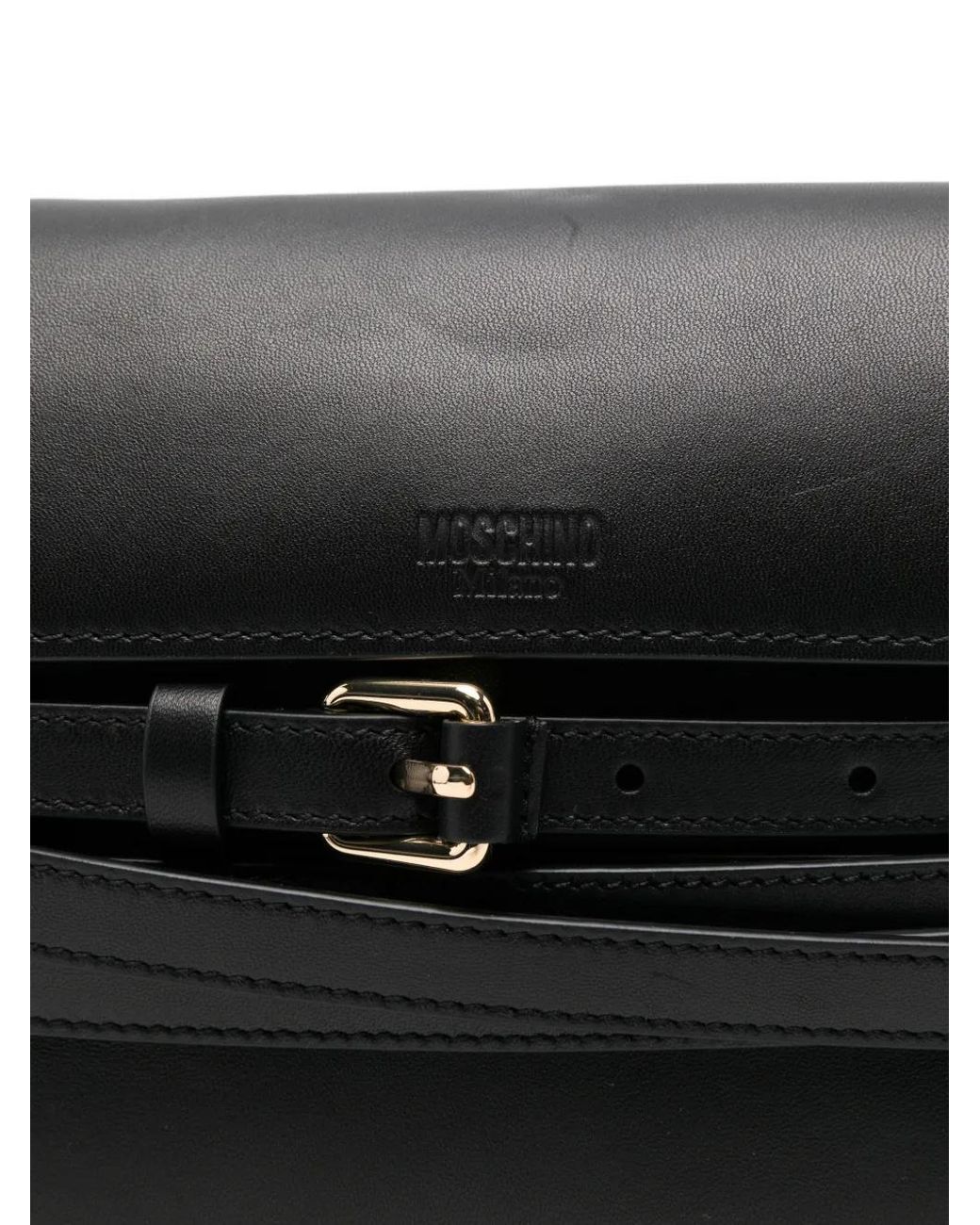 Moschino Black Logo Embossed Buckled Shoulder Bag
