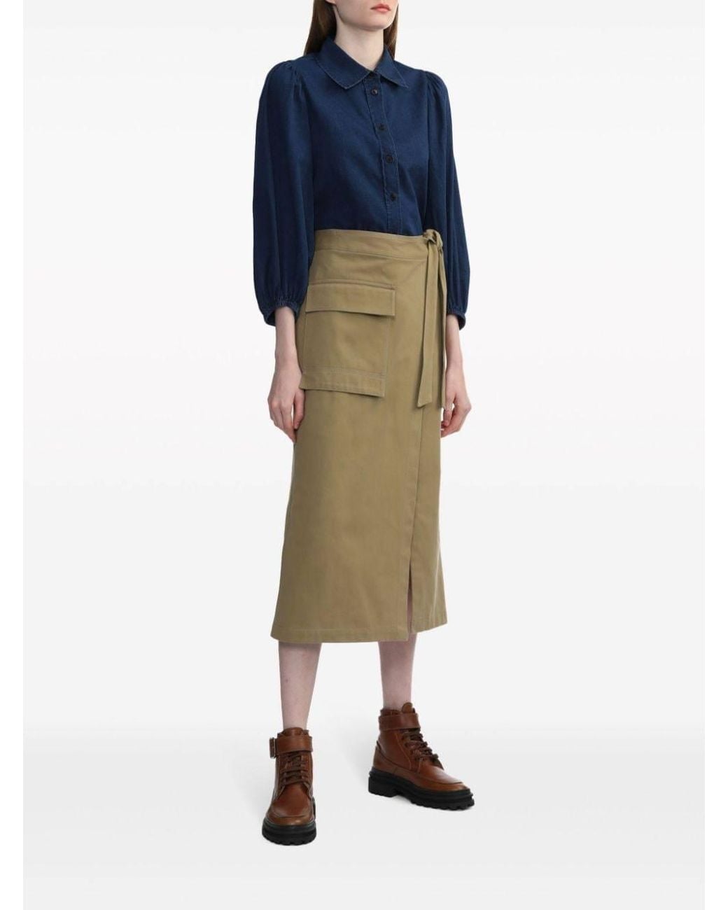 Closed Green Tie-Fastening Cotton Midi Skirt