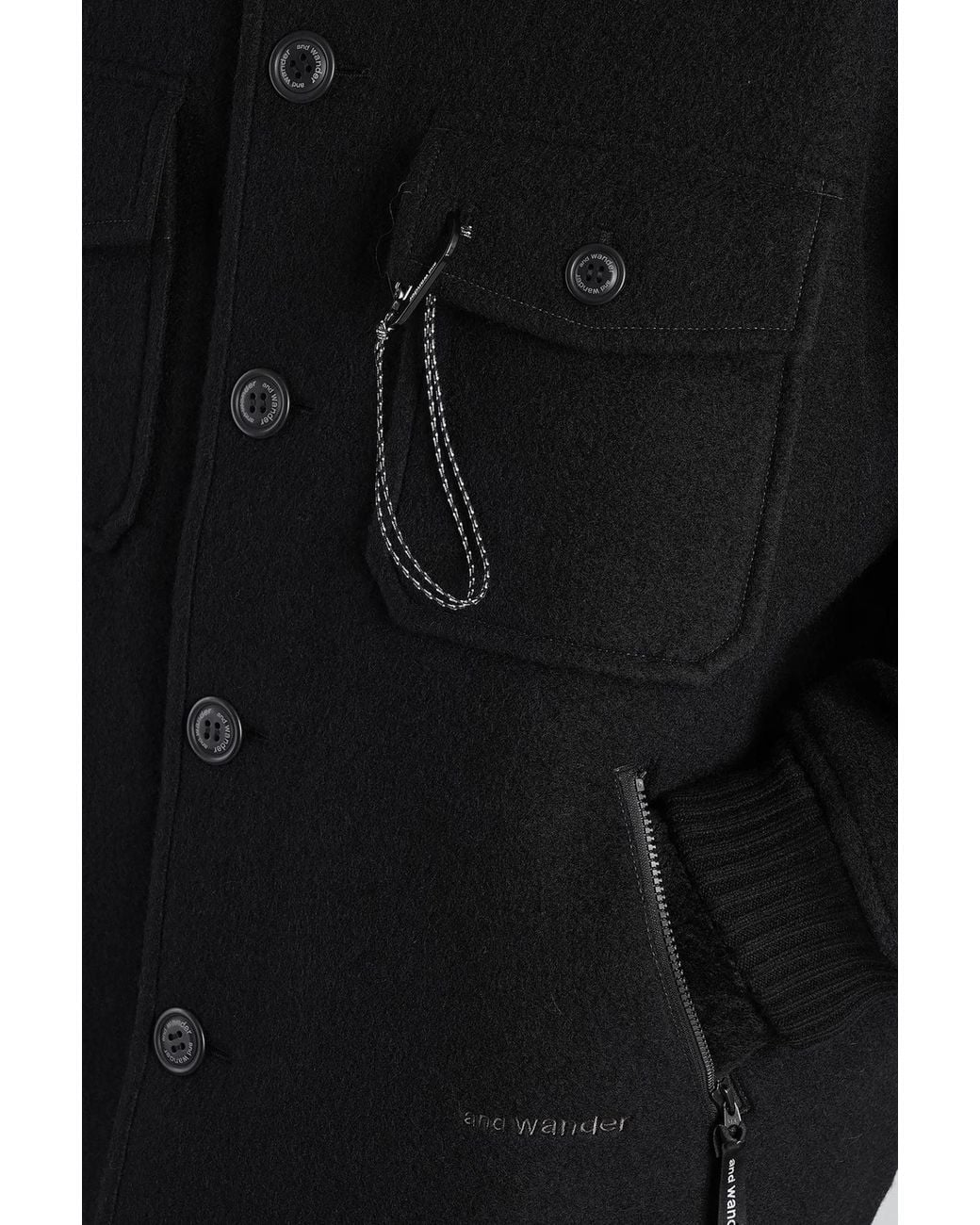 And Wander Black Ribbed-Knit-Collar Button-Up Coat for men
