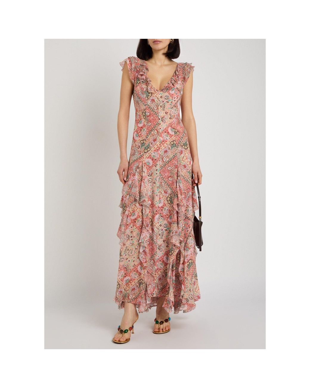 Rixo Pink Printed V-Neck Chiffon Dress