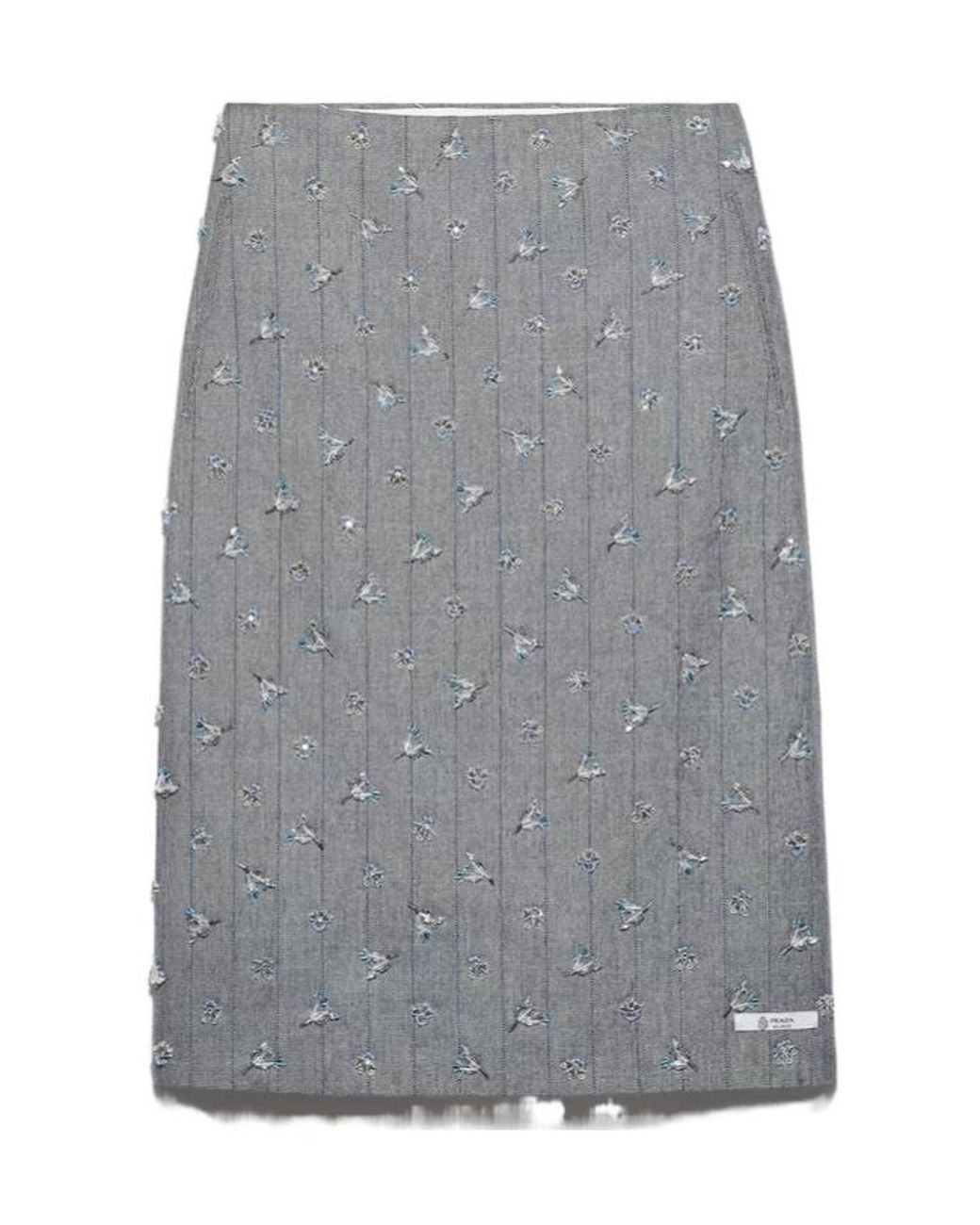 Prada Gray Embellished Pinstripe Wool Midi-Skirt
