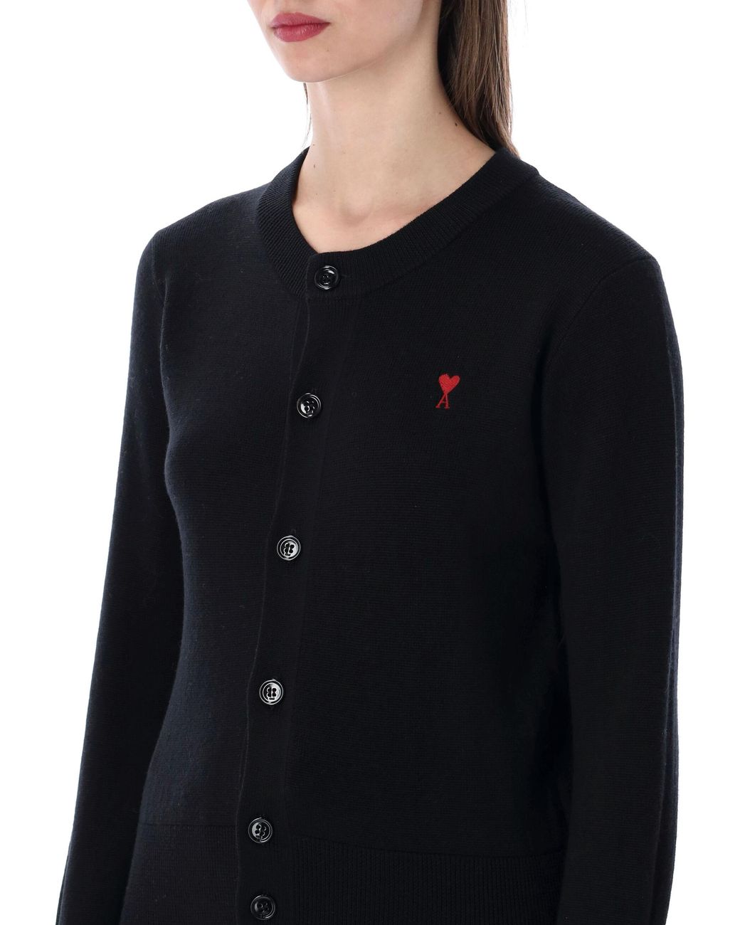 AMI Blue Heart-Embroidered Button Wool Cardigan