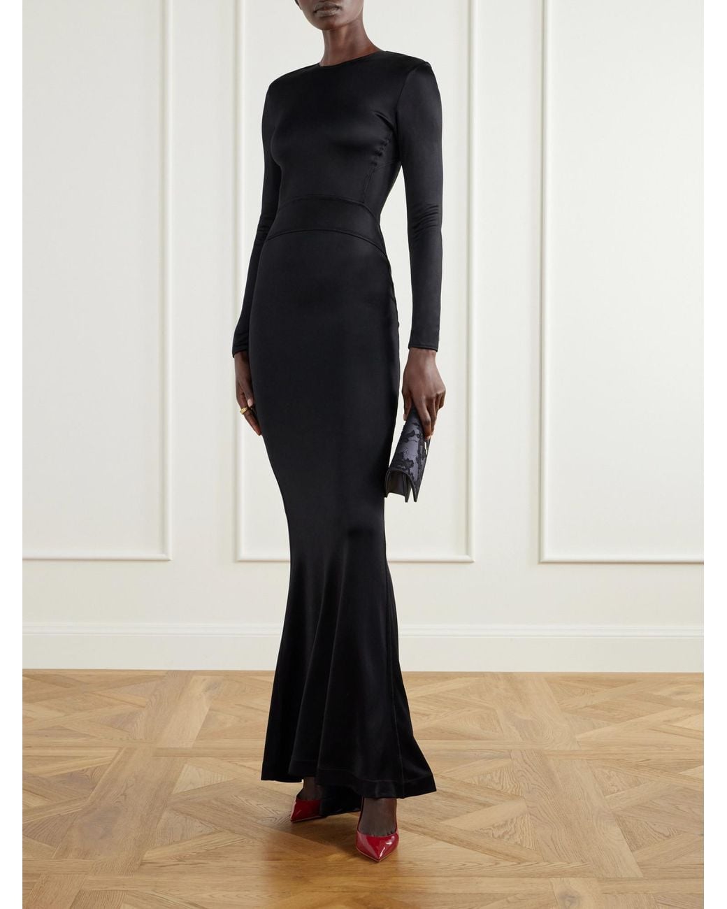 Co. Black Backless Paneled Satin Maxi Dress
