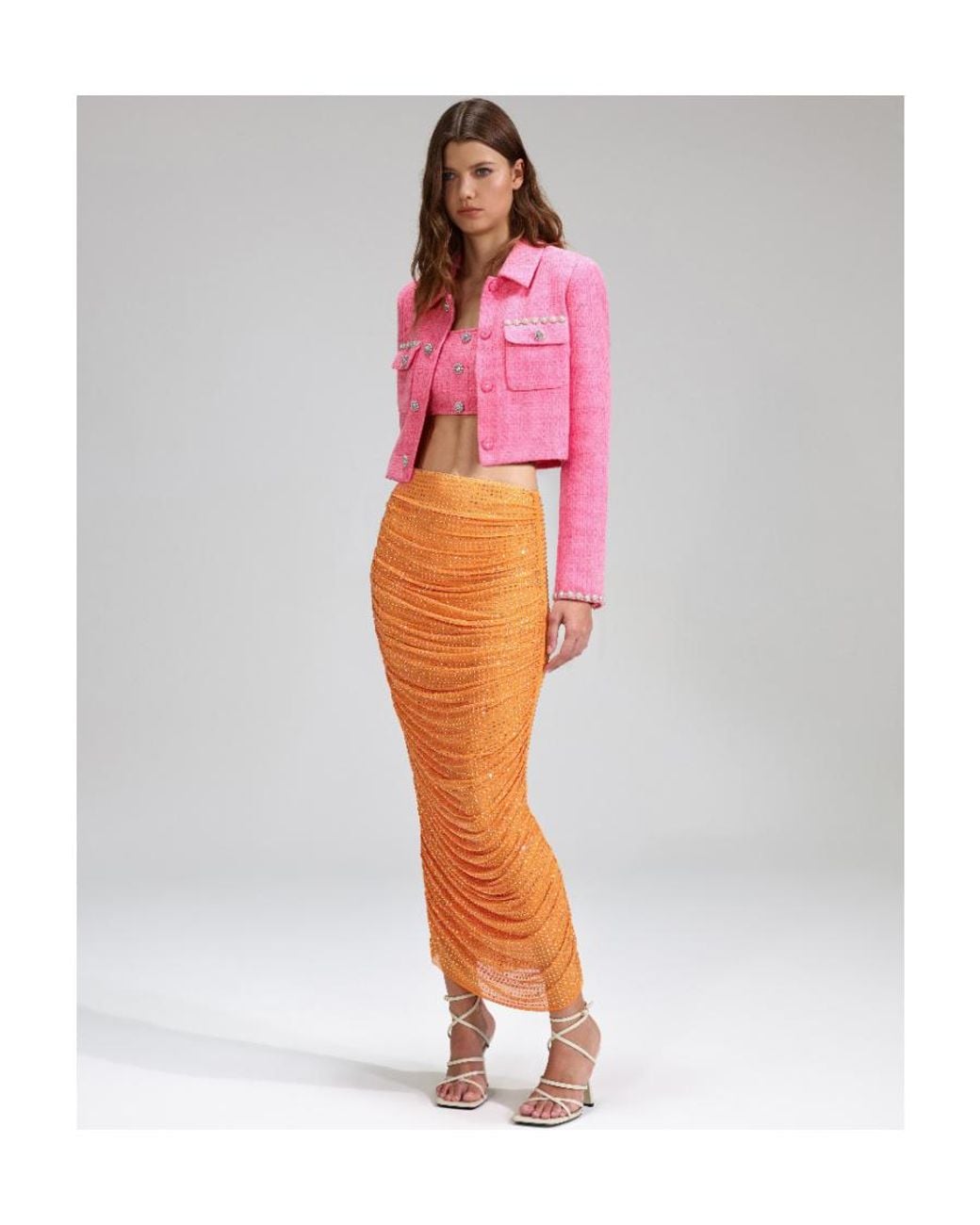 Self-Portrait Red High-Waist Embellished Ruched Midi Skirt