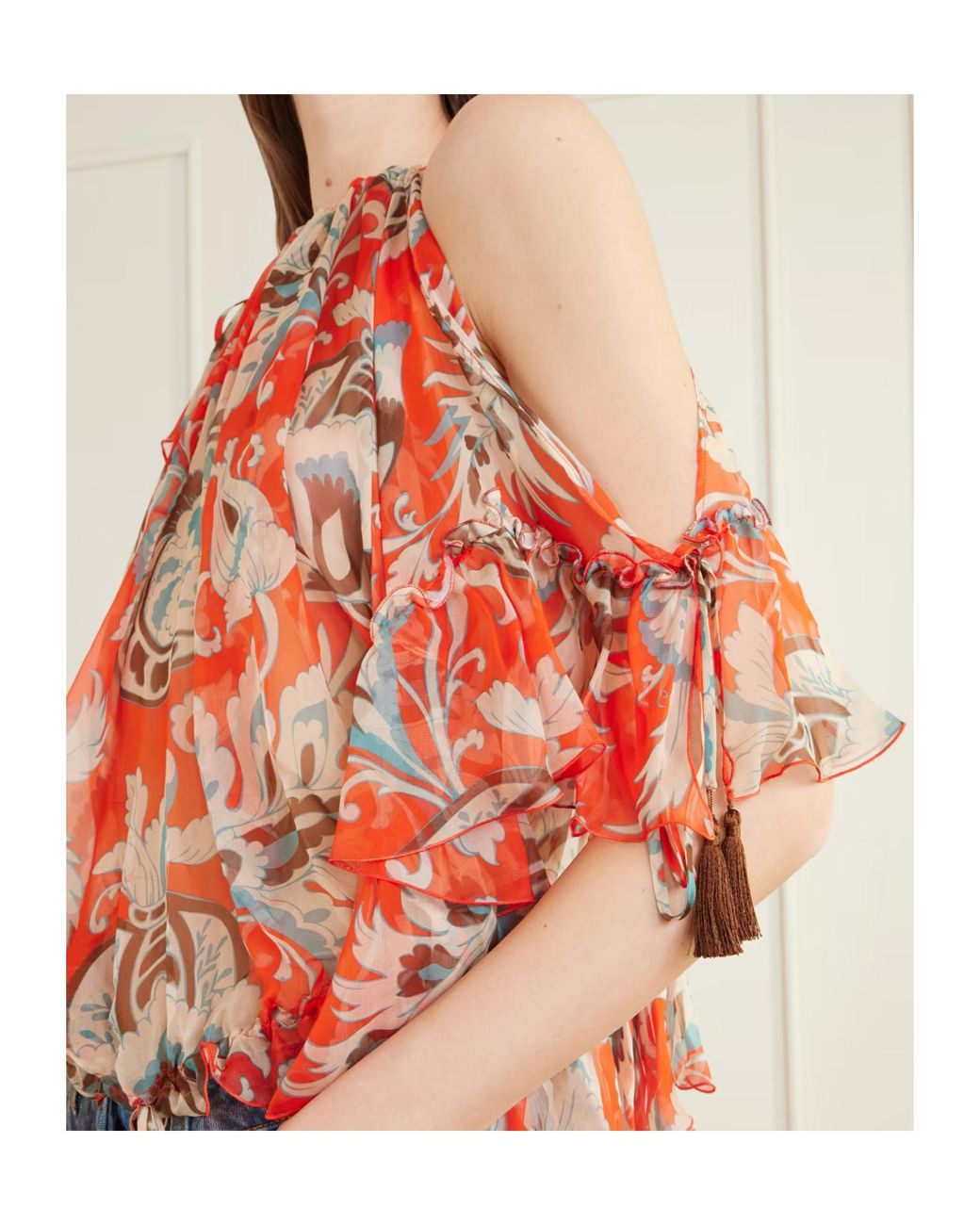 Etro Red Off-The-Shoulder Asymmetrical Tassel Ruffle Print Shirt