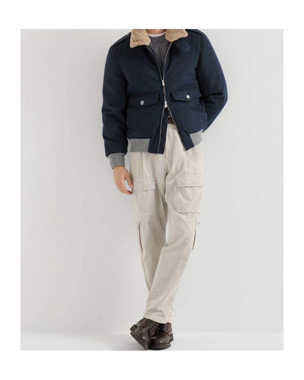 Brunello Cucinelli Blue Bonded Cashmere Beaver Cloth Bomber Jacket With Thermore Padding And Detachable Shearling Collar for men
