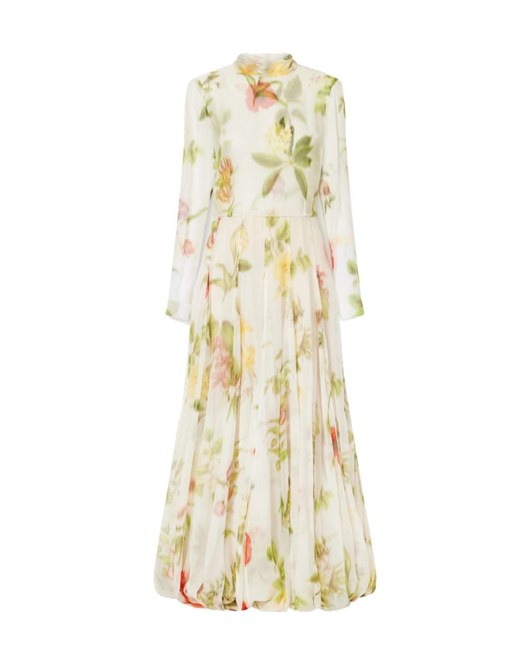 Oscar de la Renta Metallic Dominican Floral-Print Silk-Chiffon Gown