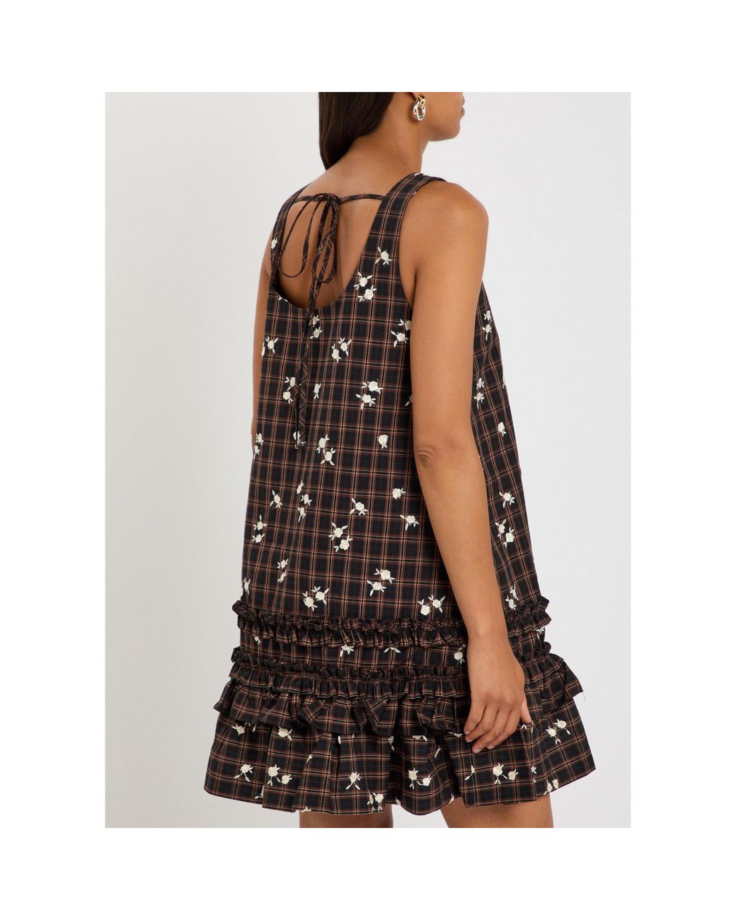 Ganni Brown Plaid Floral Embroidered Dress