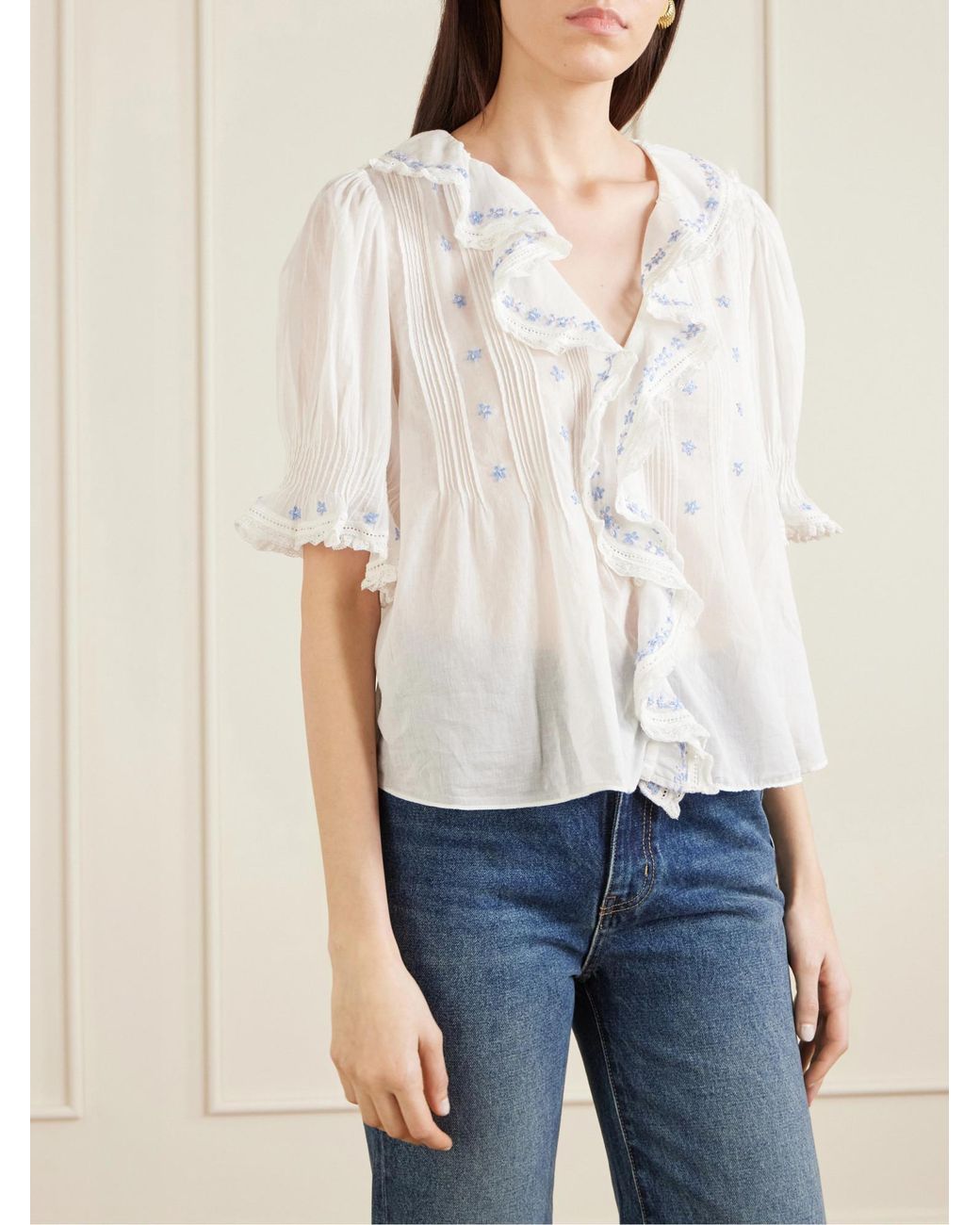 Doen White Hettie Ruffled Floral-Embroidered Blouse