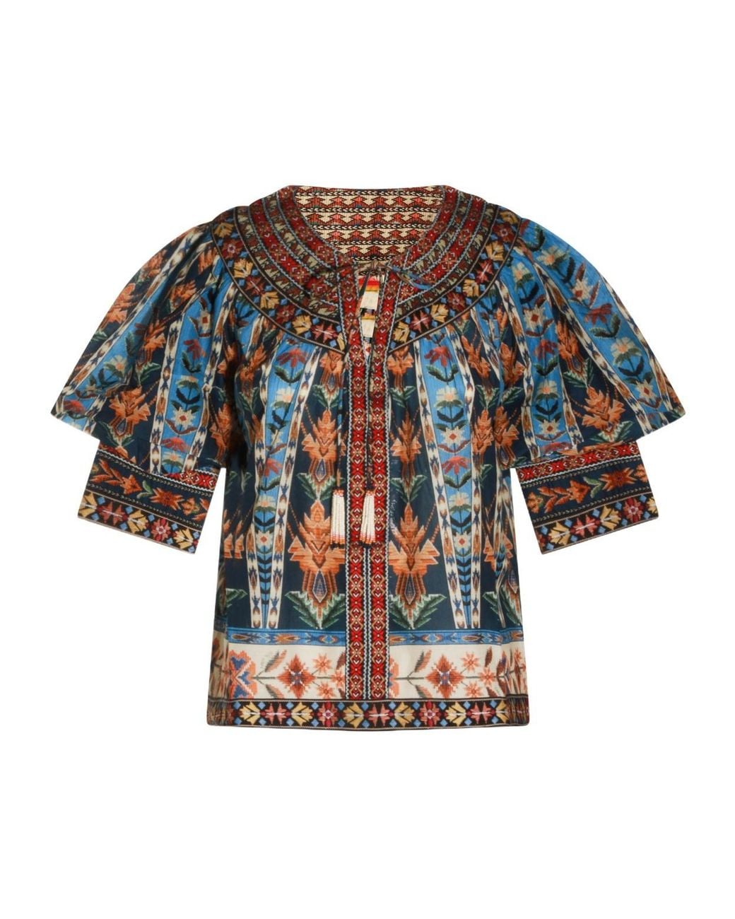 Farm Rio Blue Dress Embroidered Tapestry With Short Sleeves And Embroidery