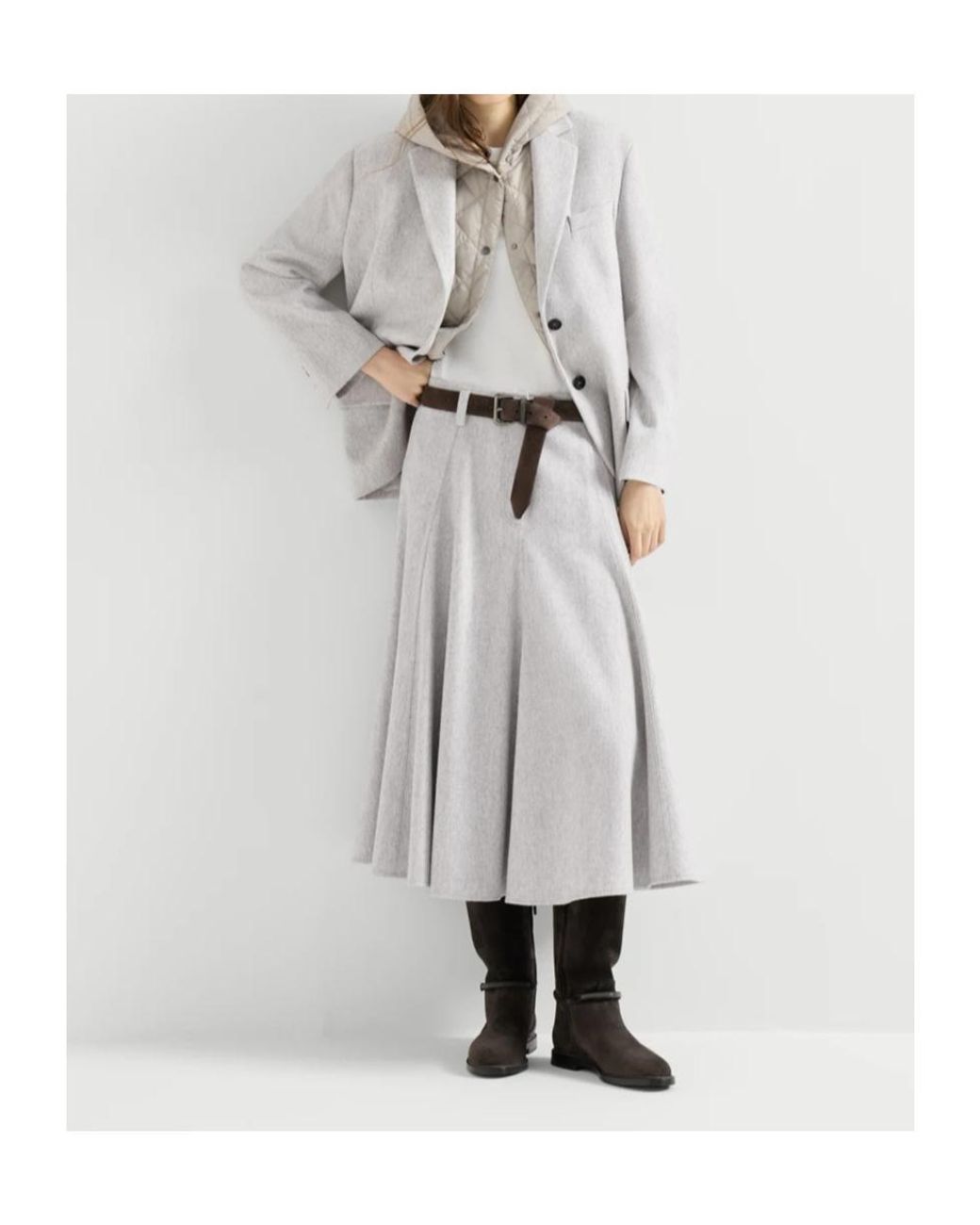 Brunello Cucinelli Gray Wool Flannel Flared Skirt With Monili