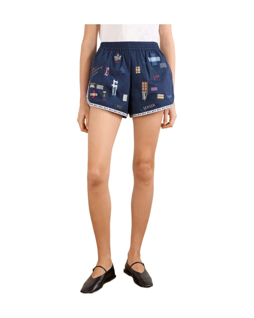 Sea Blue Embroidered Casual Shorts