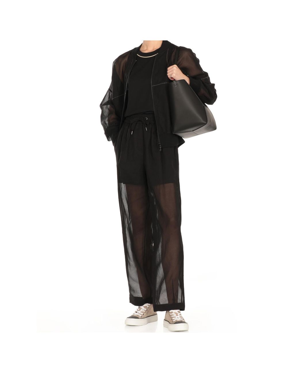 Brunello Cucinelli Black Cotton Organza Bomber Jacket With Shiny Trims