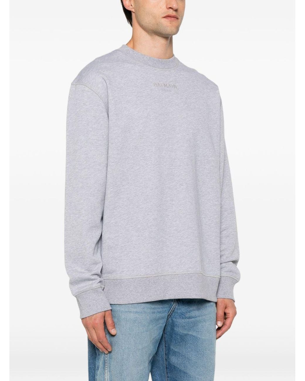 Balmain Gray Embroidered Logo Crewneck Sweatshirt for men