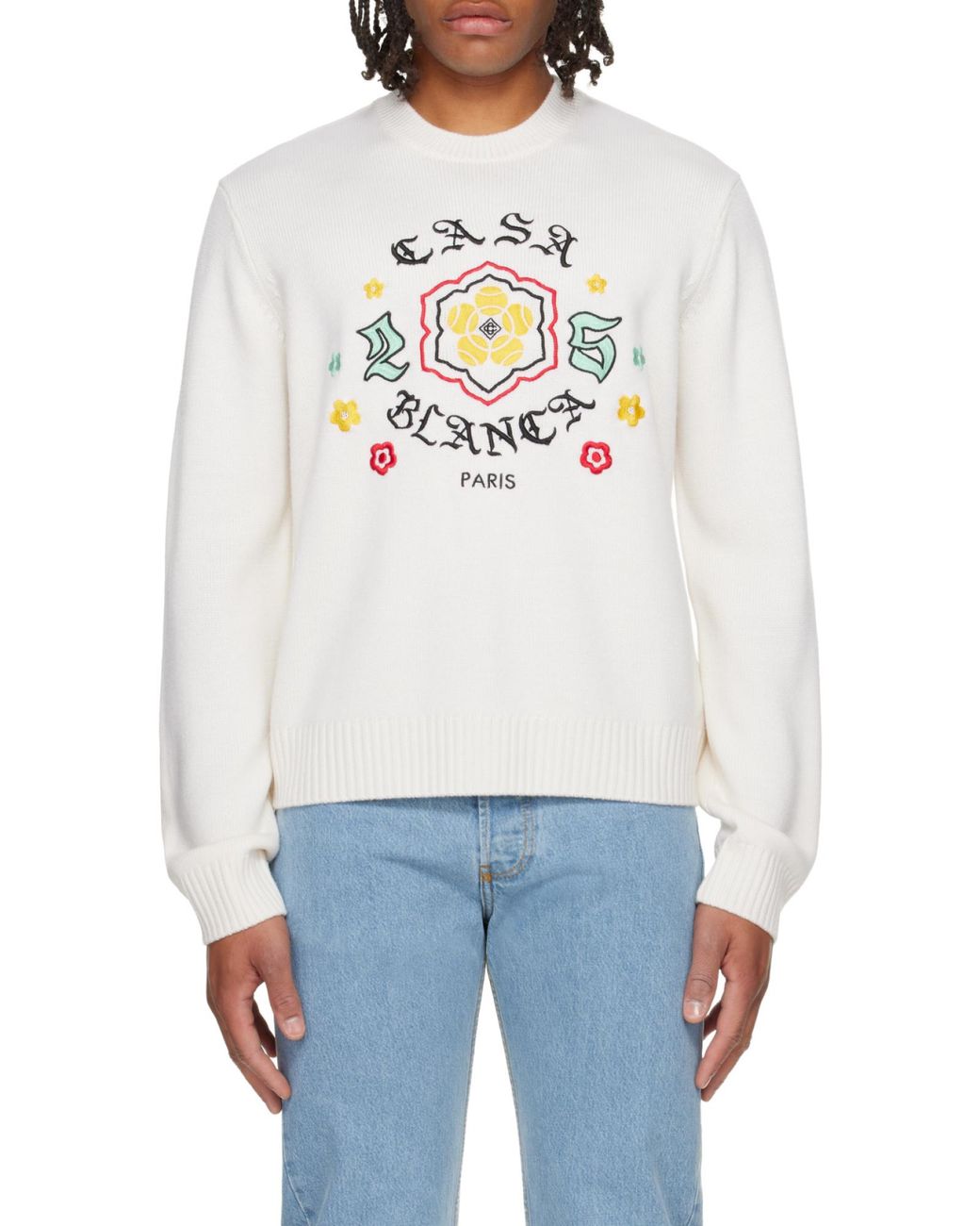 Casablanca White Floral Embroidered Crew Neck Sweater for men