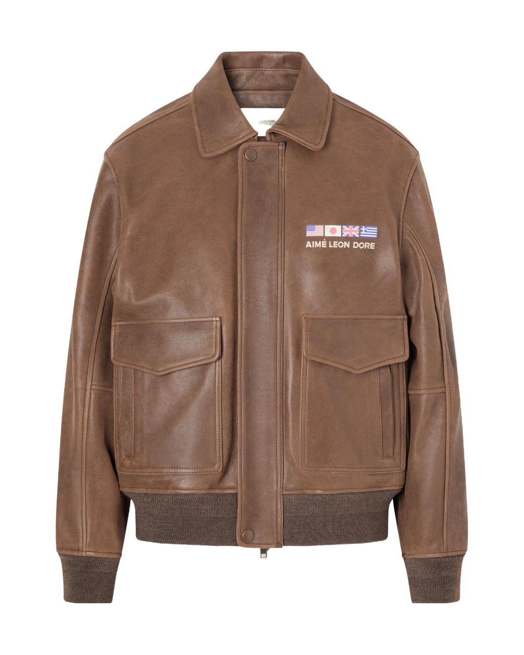 Aimé Leon Dore Brown Worlds Borough Printed Leather Jacket