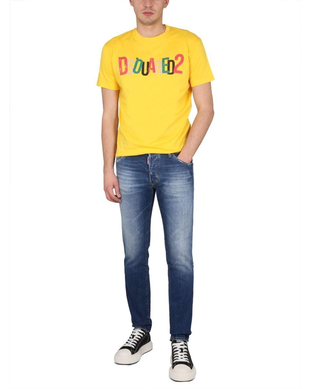 DSquared² Yellow Logo Printed Crewneck T-Shirt for men