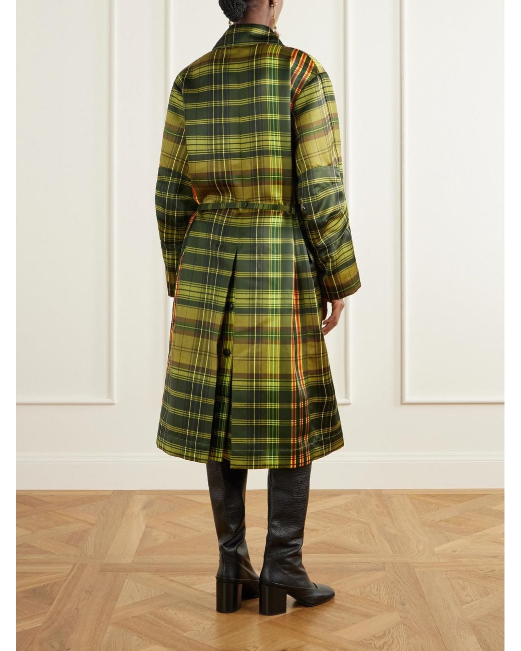 Dries Van Noten Green Belted Checked Duchesse Satin Coat