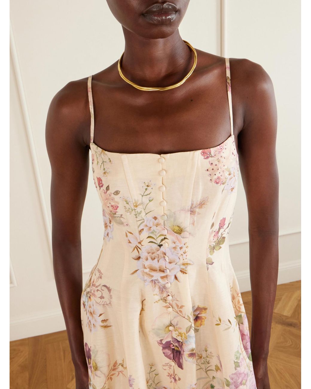 Camilla Natural Embellished Printed Linen And Silk-Blend Midi Dress