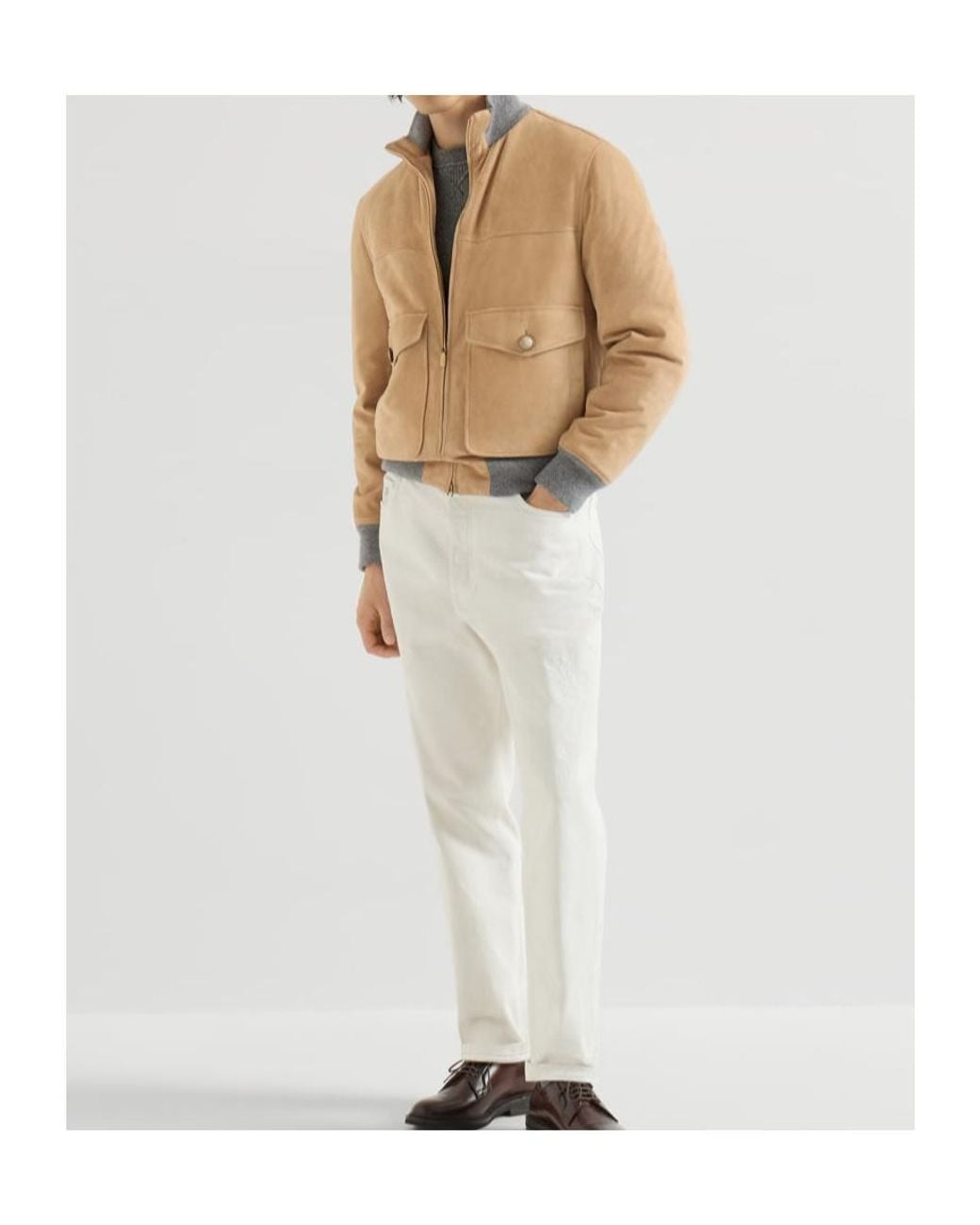 Brunello Cucinelli Gray Cashmere Ribbed Sweater With Cotton Inserts for men