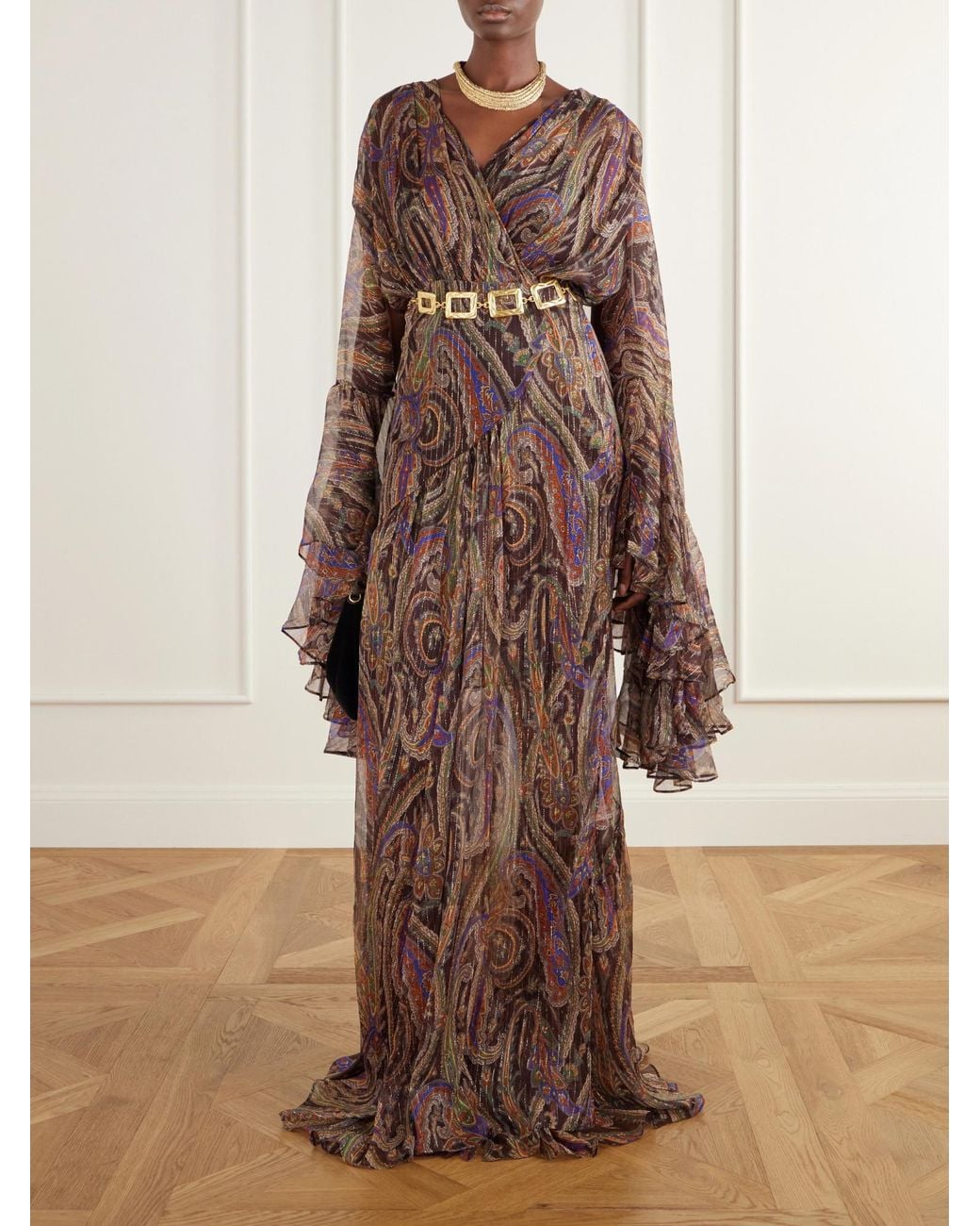 Etro Brown Ruffled Printed Metallic Maxi Dress