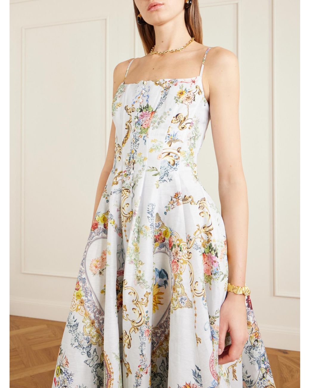 Camilla White Crystal-Embellished Printed Linen And Silk-Blend Midi Dress