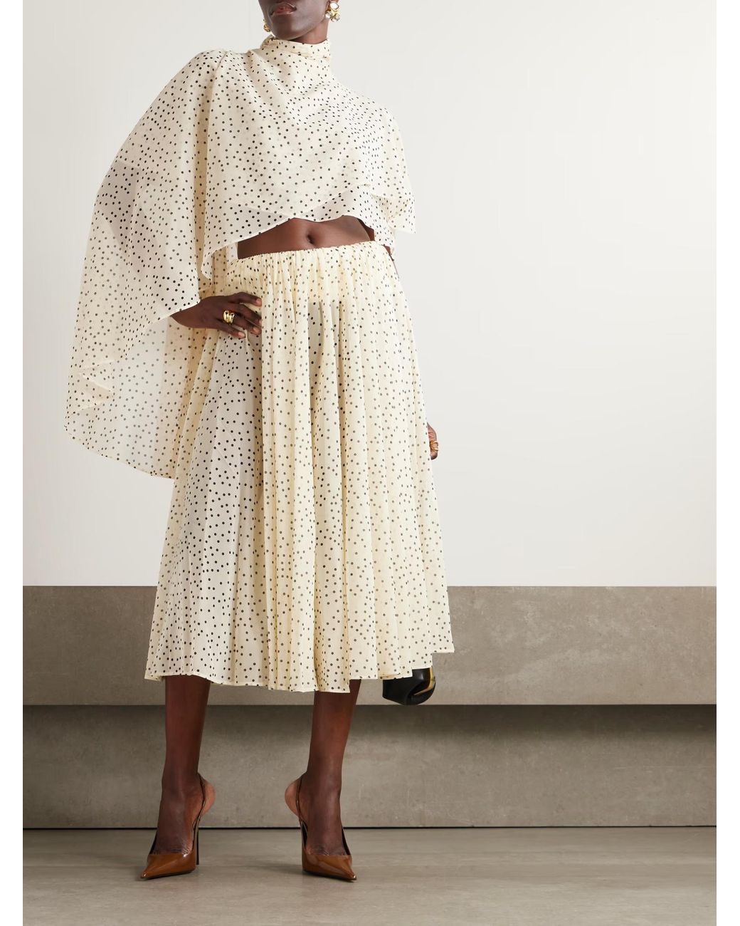 Magda Butrym Natural Polka Dot Pleated Midi Skirt