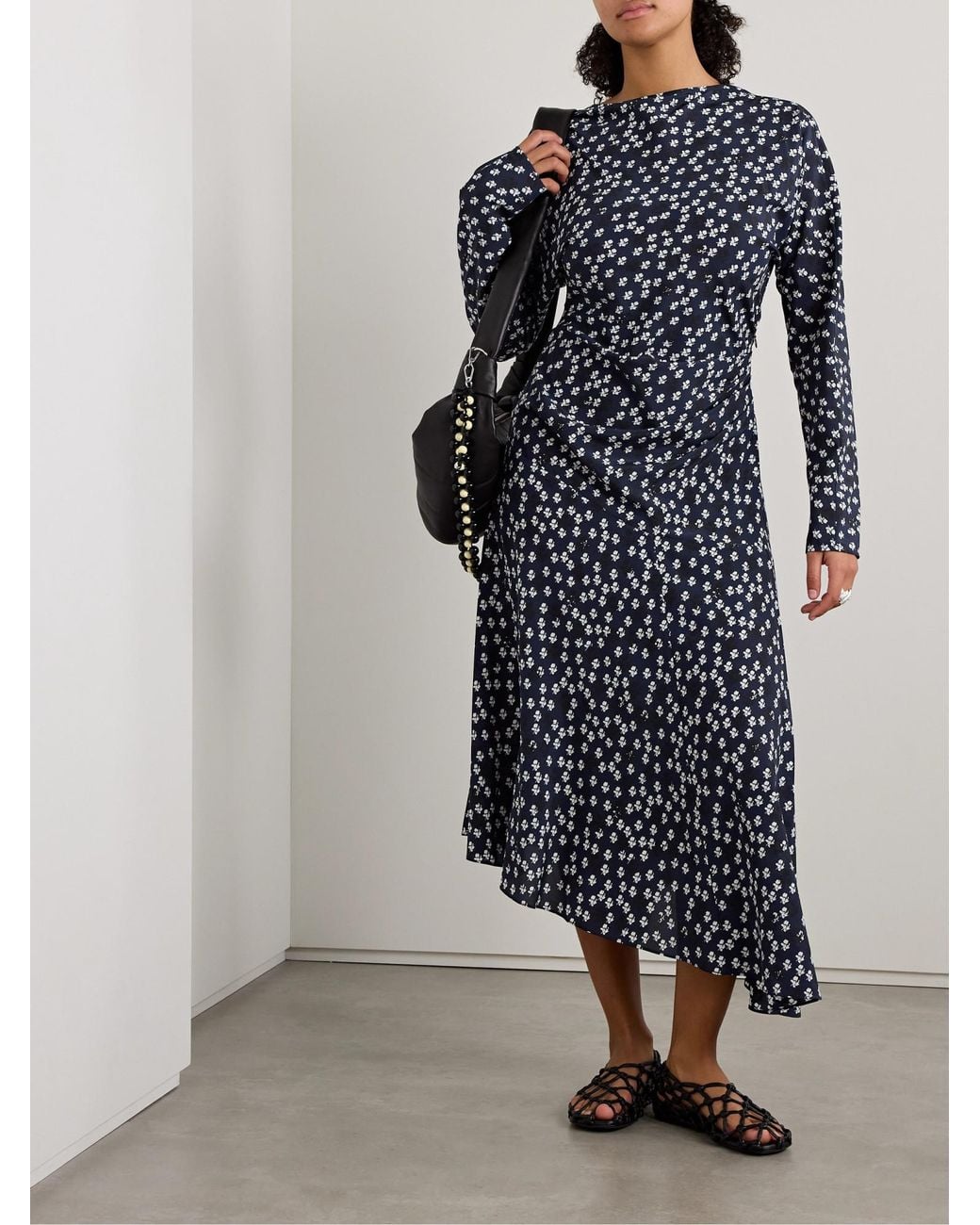 Proenza Schouler Blue Alina Draped Floral-Print Crepe Midi Dress