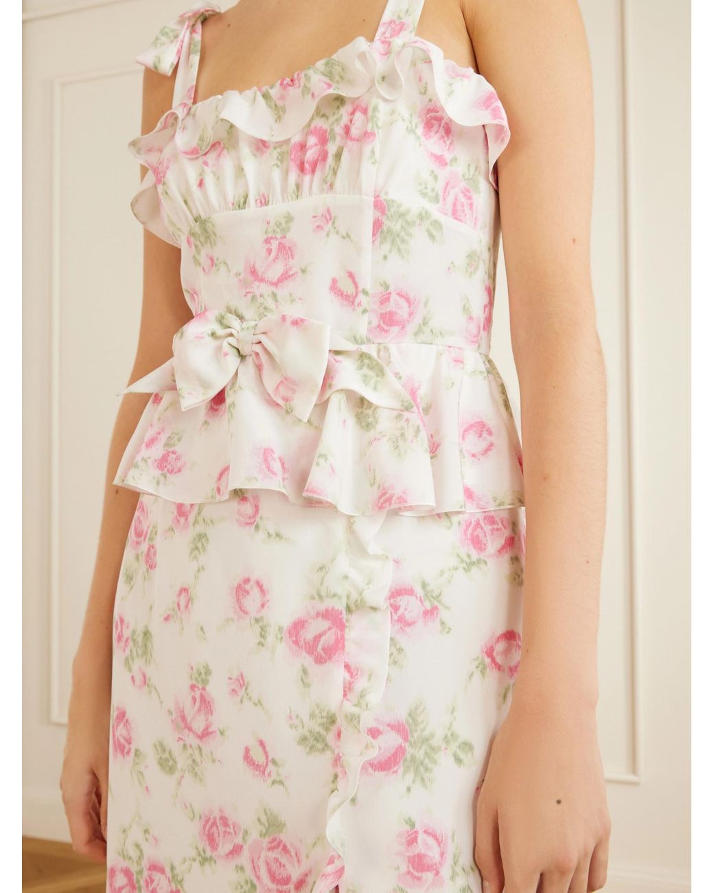 Alessandra Rich White Ruffled Floral-Print Silk Dress