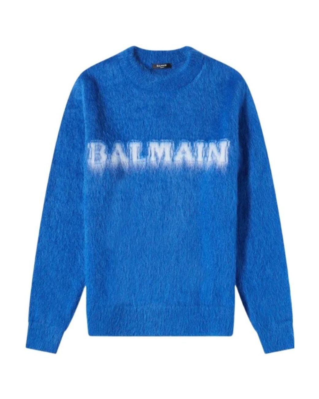 Balmain Blue Retro Brushed Crewneck Jumper for men