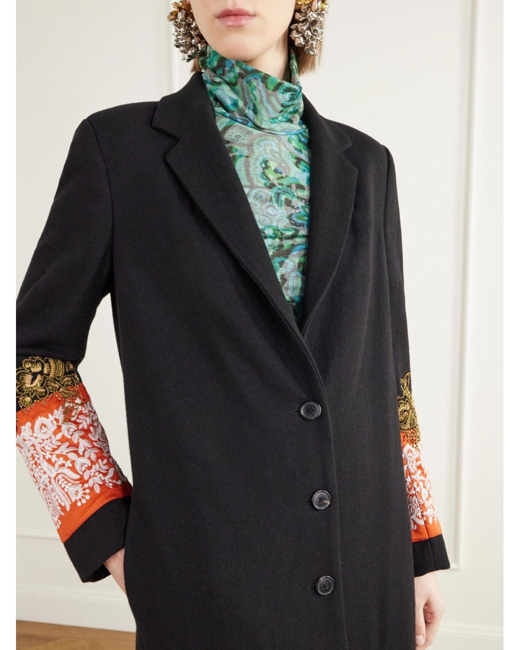 Dries Van Noten Black Embroidered Wool Coat