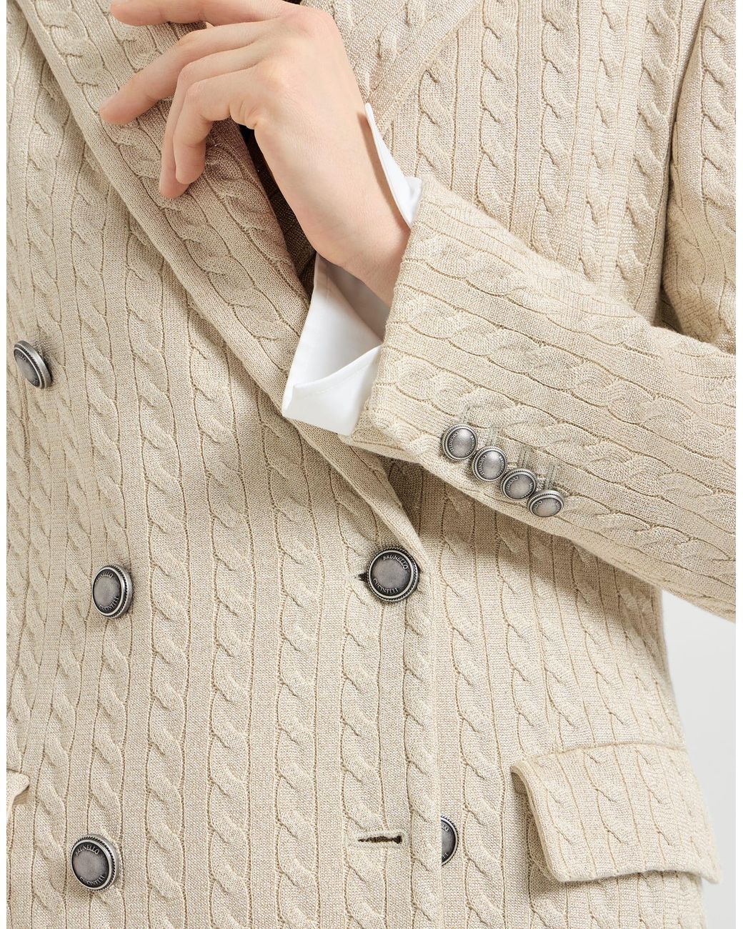 Brunello Cucinelli Natural Sparkling Cotton And Viscose English Rib Knit Blazer With Monili