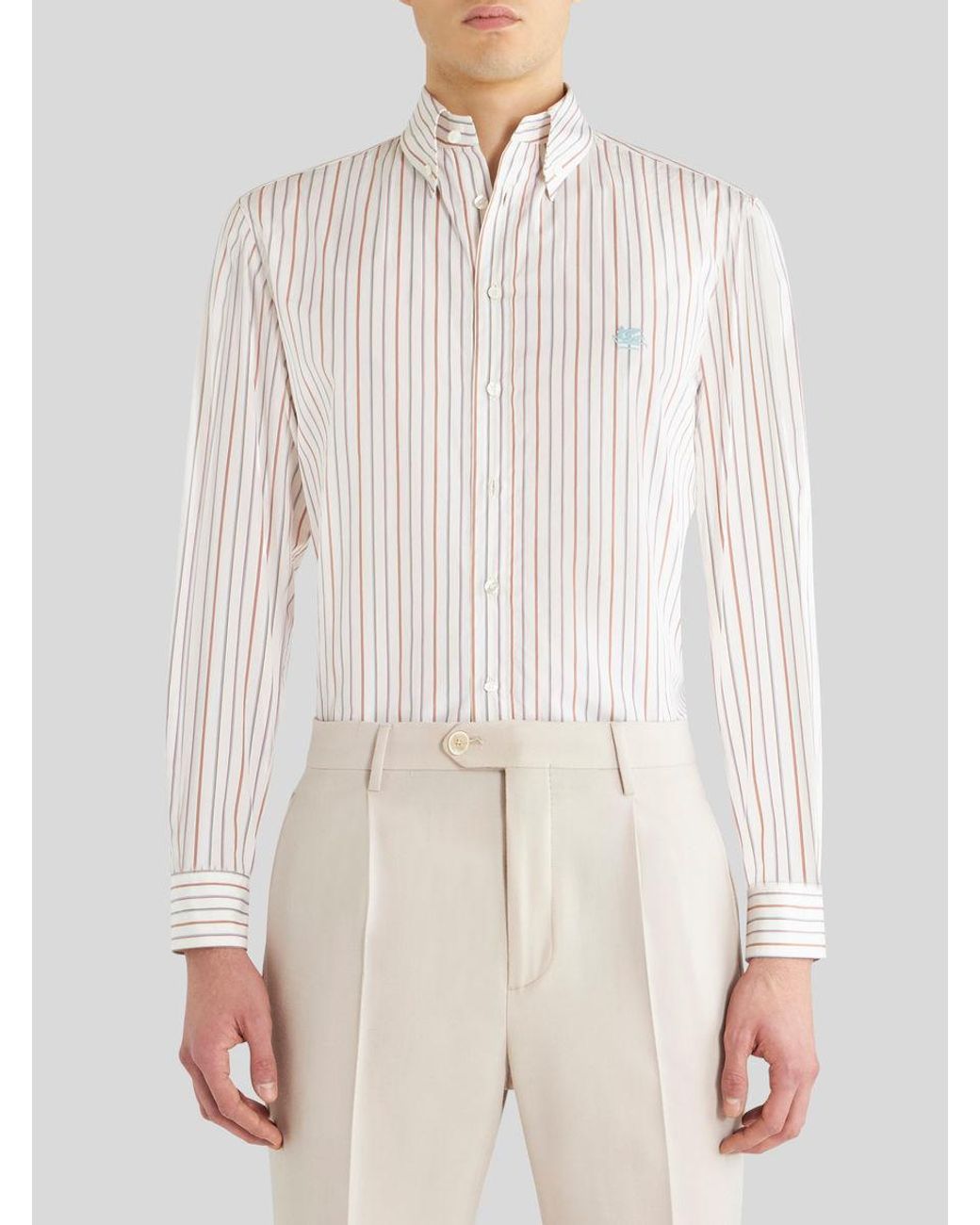 Etro White Logo Embroidered Striped Long-Sleeved Shirt for men