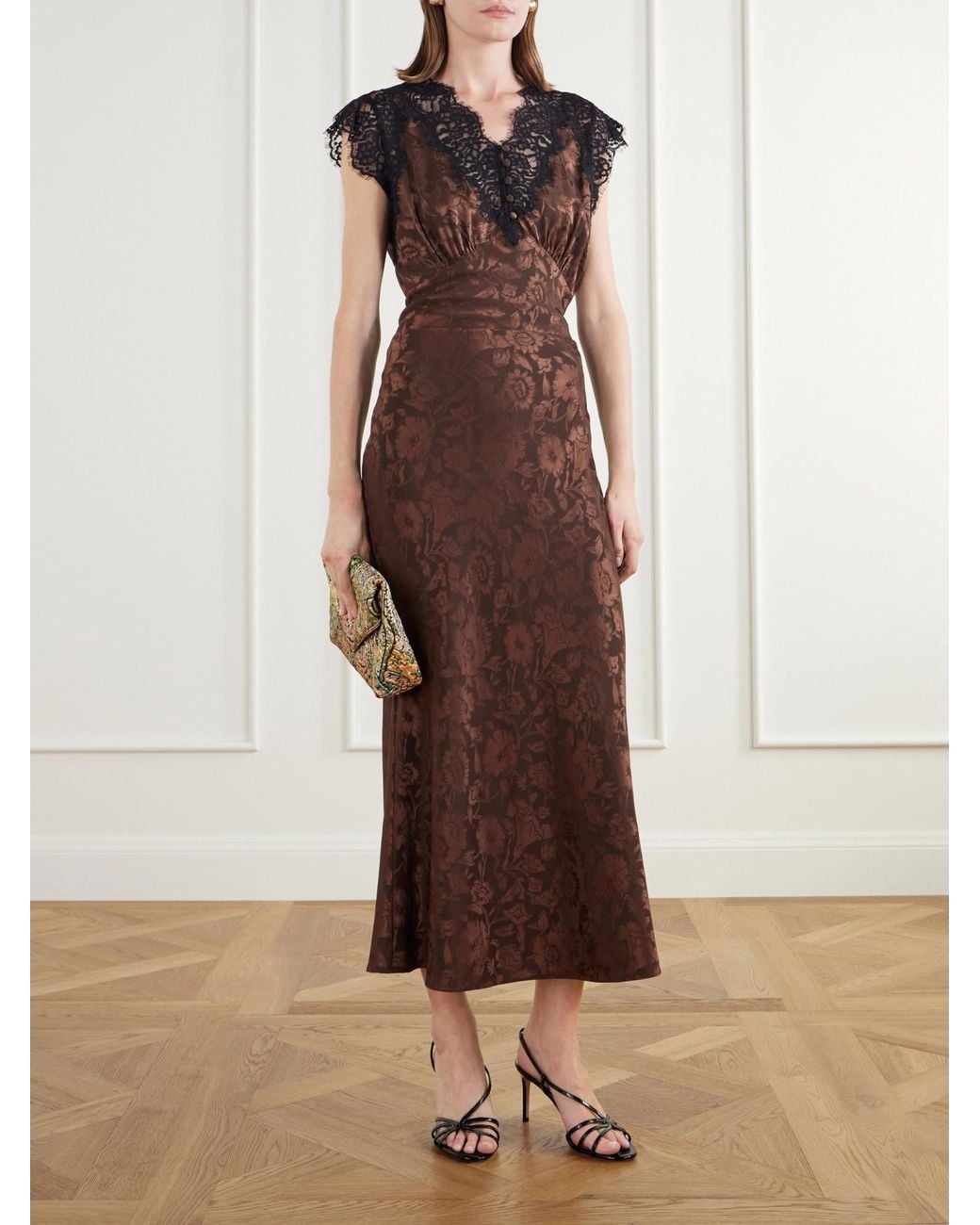 Veronica Beard Brown Lace-Trimmed Floral-Jacquard Silk-Blend Satin Blouse