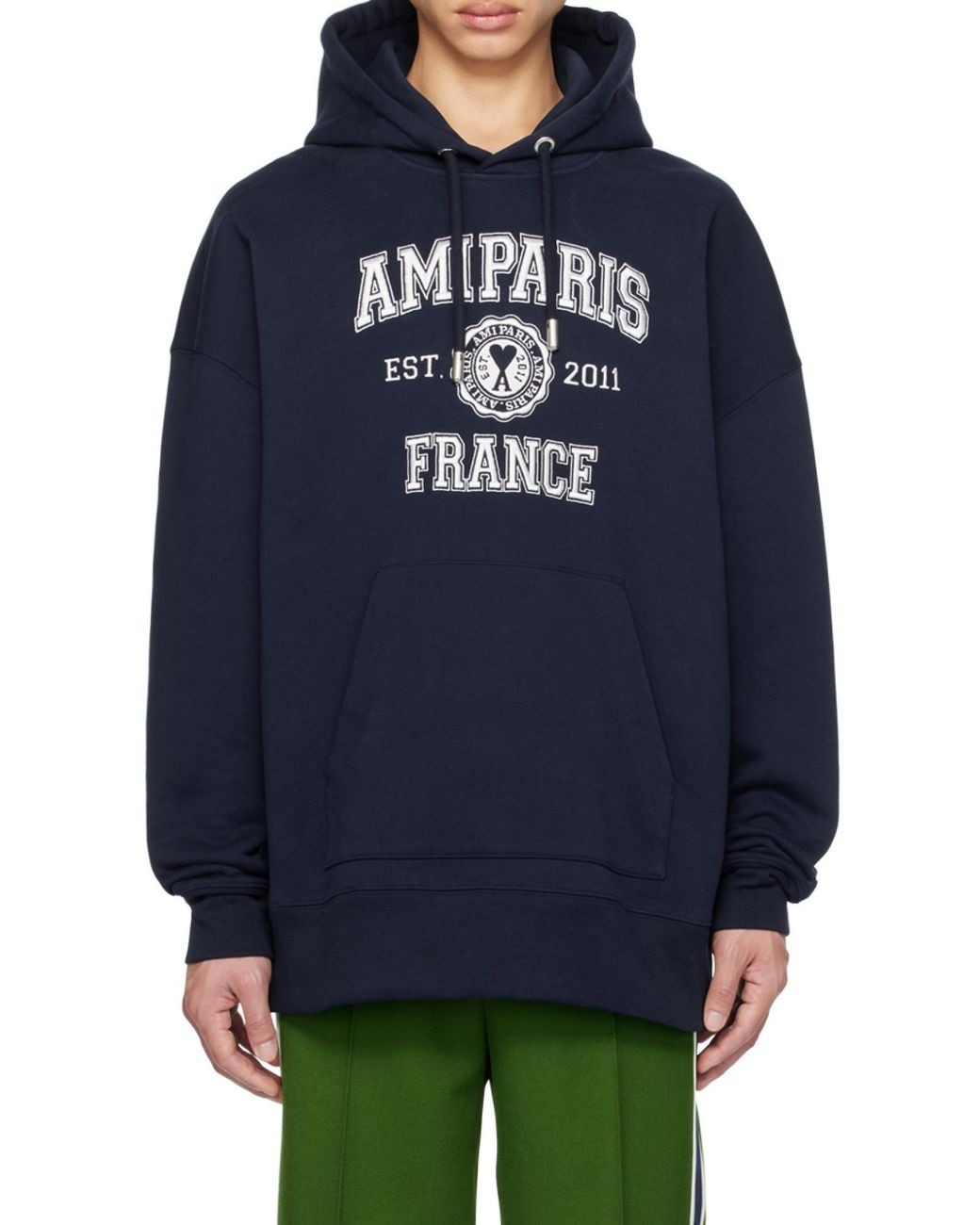 AMI Blue Logo-Printed Long-Sleeved Drawstring Hoodie for men
