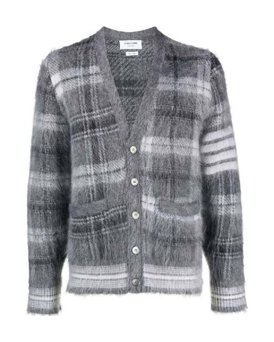 Thom Browne Gray Textured Tartan Pattern Cardigan for men